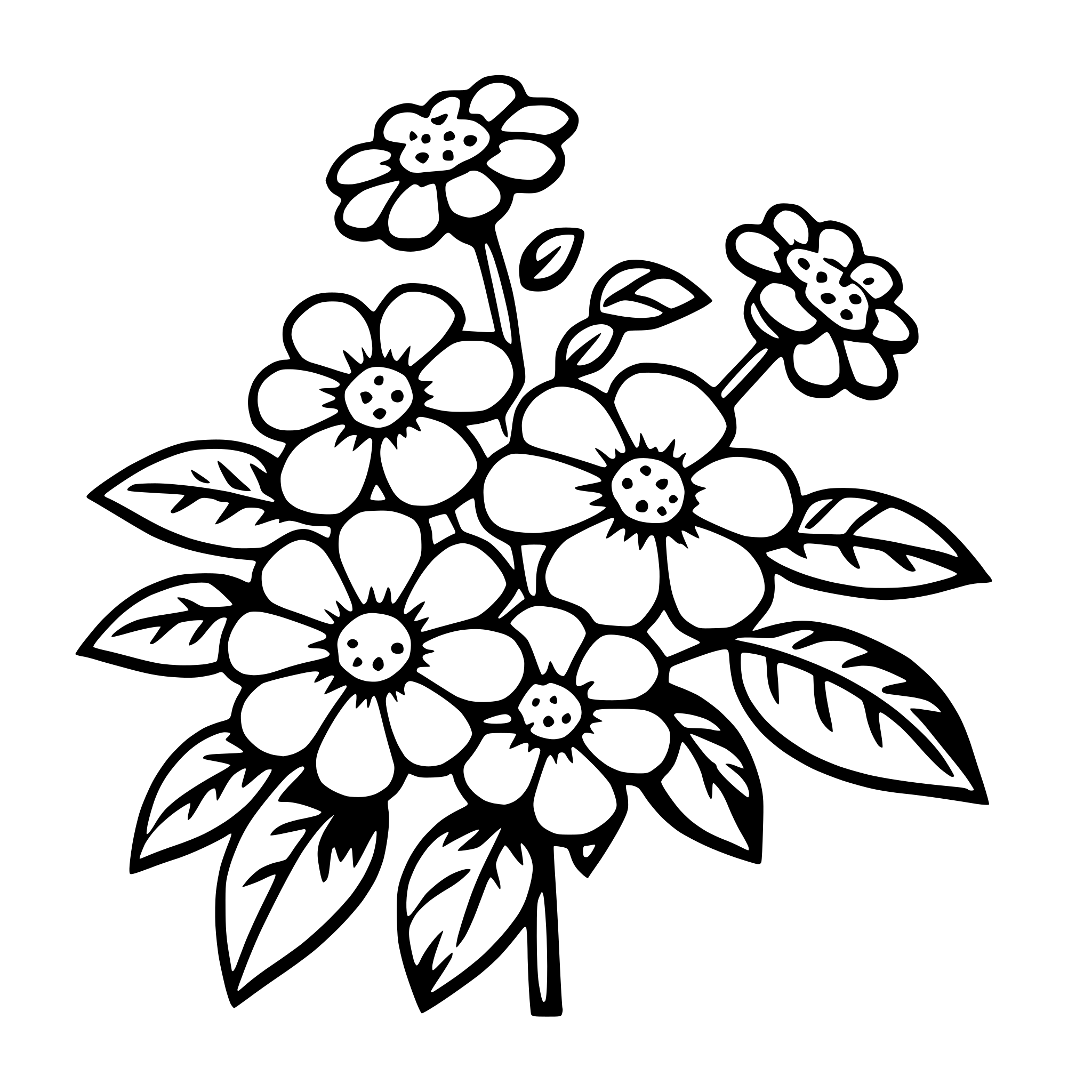 The SVG depicts a stylized floral arrangement. It features a central cluster of flowers with multiple petals and a visible center, surrounded by green leaves with serrated edges. The flowers and leaves are interconnected by thin stems, and the overall design is symmetrical. The SVG is a vector graphic, which means it is composed of lines and shapes that can be scaled without losing quality. 