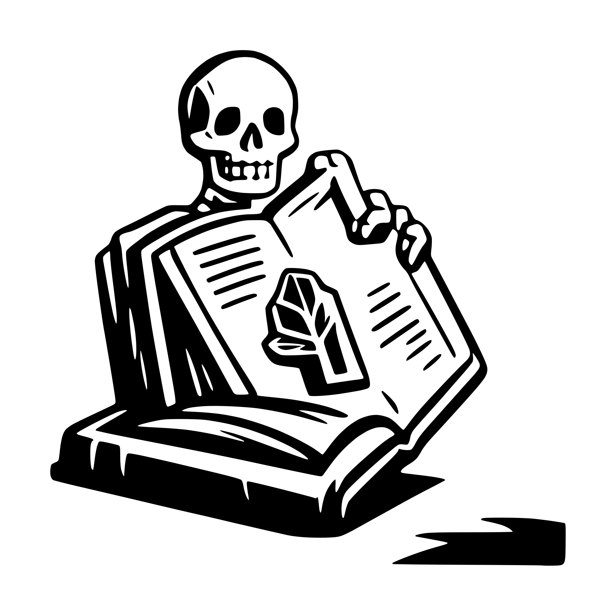 AI-generated SVG of a a skeleton on a cemetery reading a big book