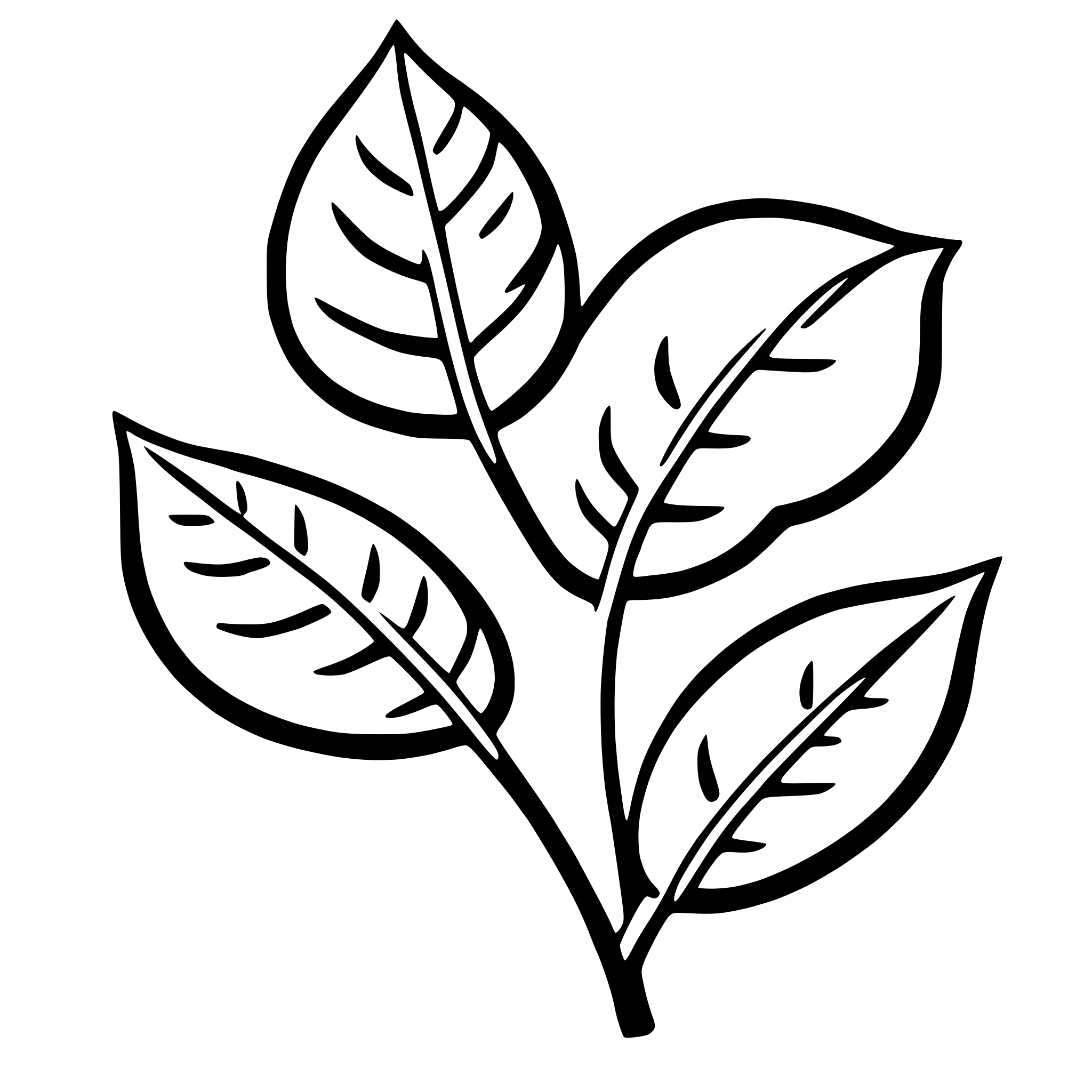 The SVG shows a simple line drawing of a plant with three leaves. The leaves are depicted with a central stem and each leaf has a distinct shape with a pointed tip and a serrated edge. The lines are clean and unadorned, with no additional details or textures. The leaves are arranged in a triangular formation, with the central stem at the bottom and the leaves extending outward. The SVG is minimalistic and does not include any additional elements or background details. 