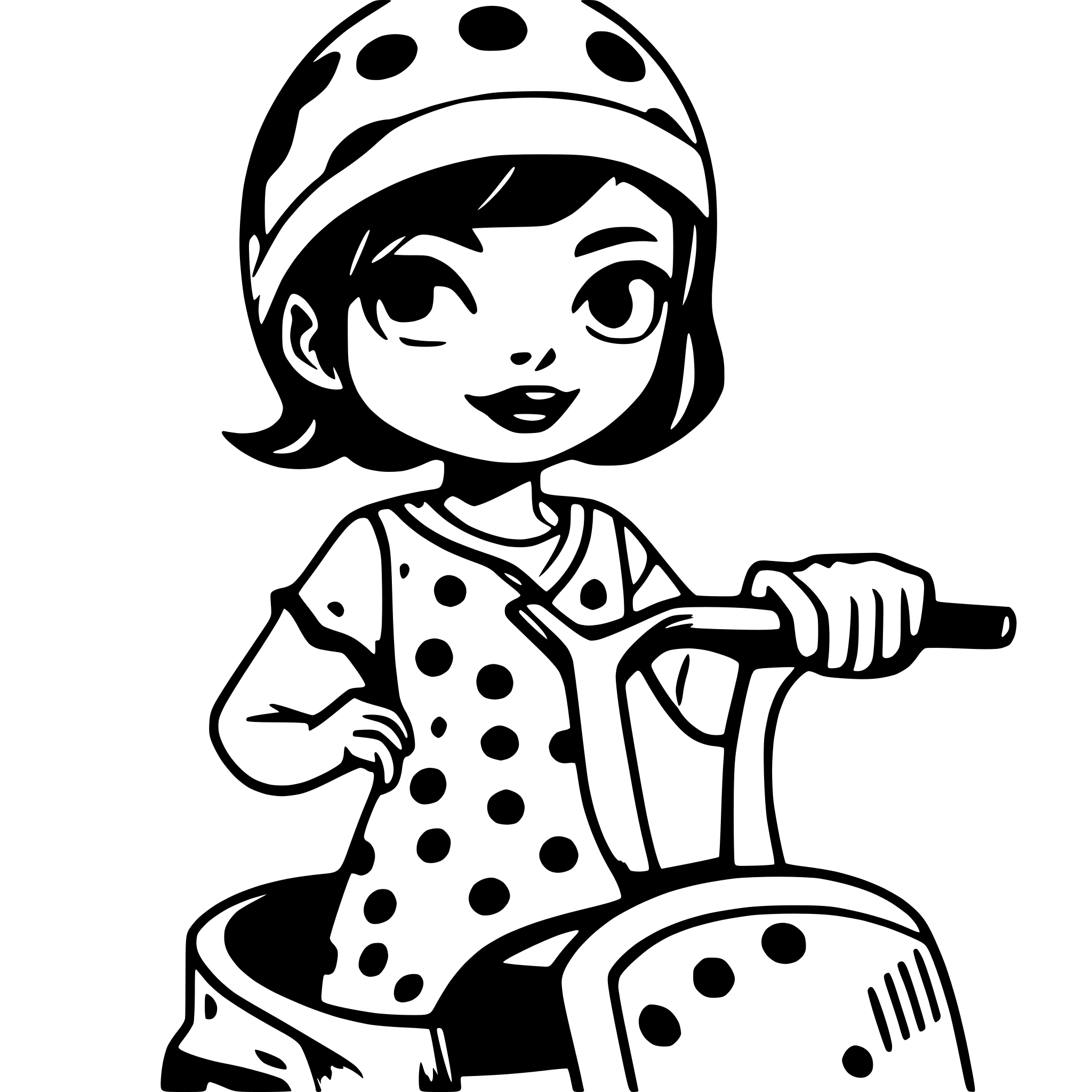 AI-generated SVG of a Girl on a driving vespa Scooter with short hair with a Polka dot dress