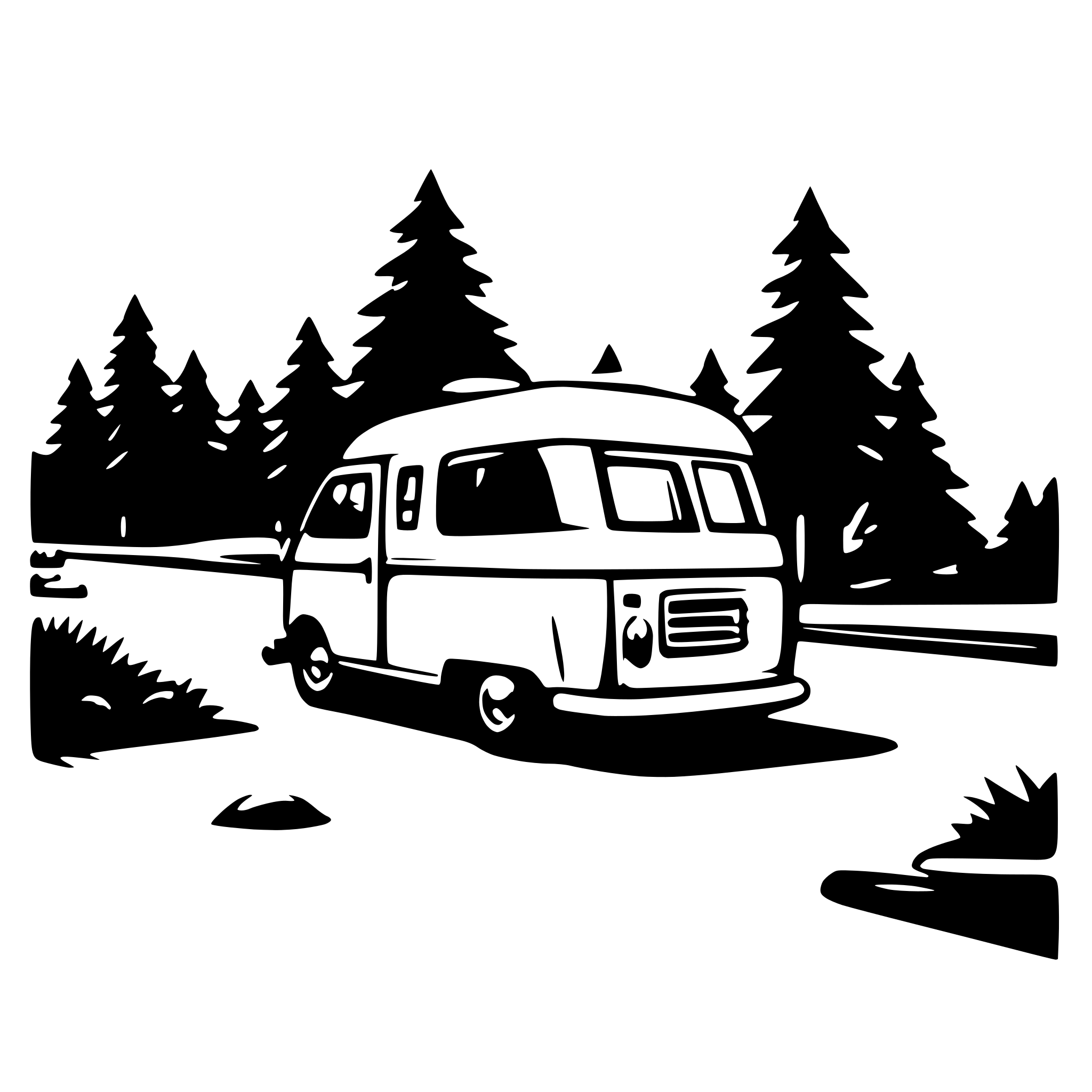 AI-generated SVG of a A cute, simple line art illustration of a camper van pulling into a campground. AI-generated SVG of a A cute, simple line art illustration of a camper van pulling into a campground.