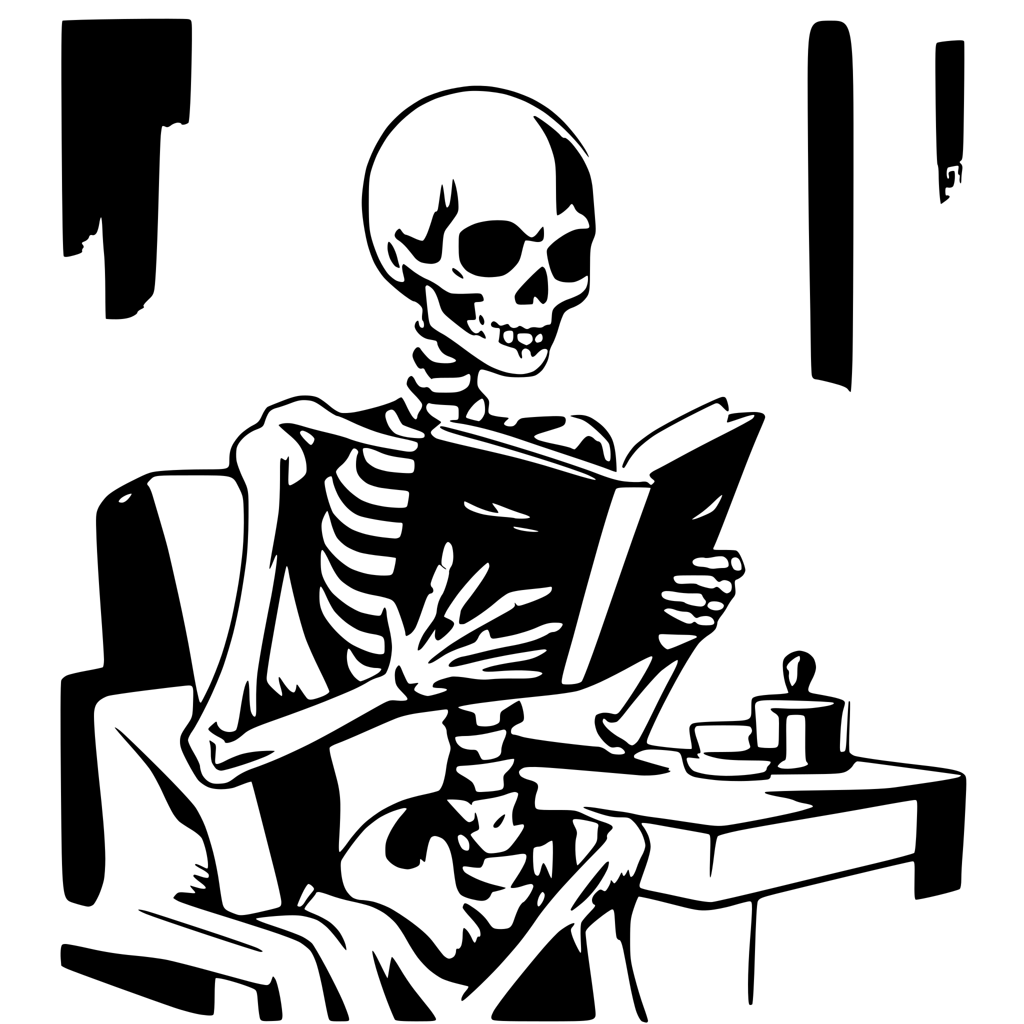 AI-generated SVG of a skeleton reading a book