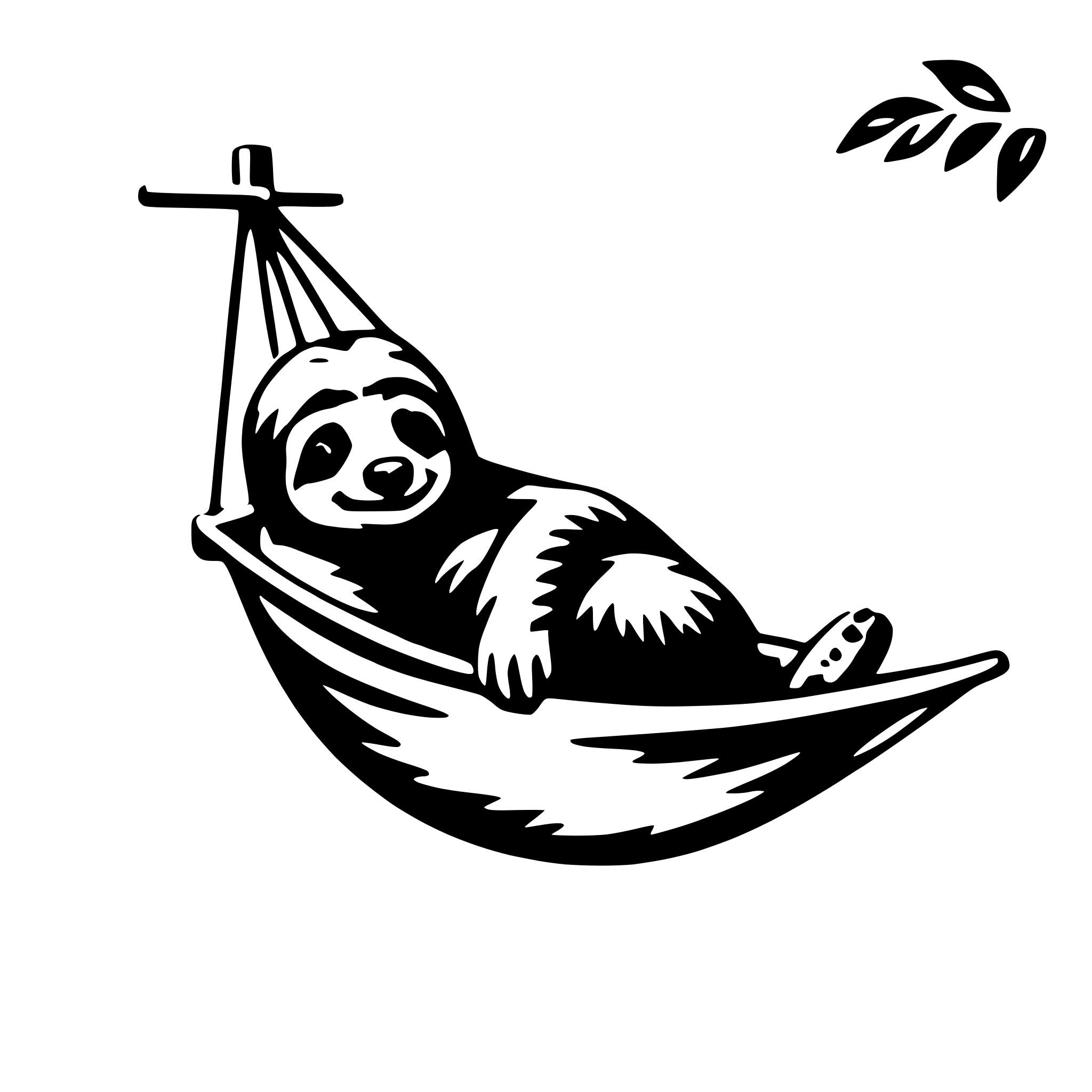 The SVG features a stylized illustration of a sloth in a hammock. The sloth is depicted in a relaxed posture, lying on its back with its limbs hanging over the sides of the hammock. The hammock itself is shown with a simple, curved outline, suggesting a comfortable and supportive structure. The sloth's facial features are minimal, with a small, round head and a contented expression. The background is plain and does not contain any additional elements or details. The SVG is a vector graphic, which means it is scalable and can be resized without losing quality. 