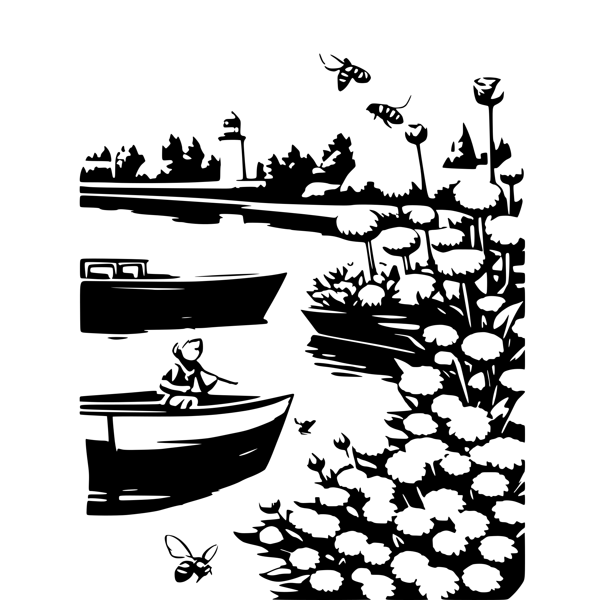 AI-generated SVG of a river,flowers,bees,boat