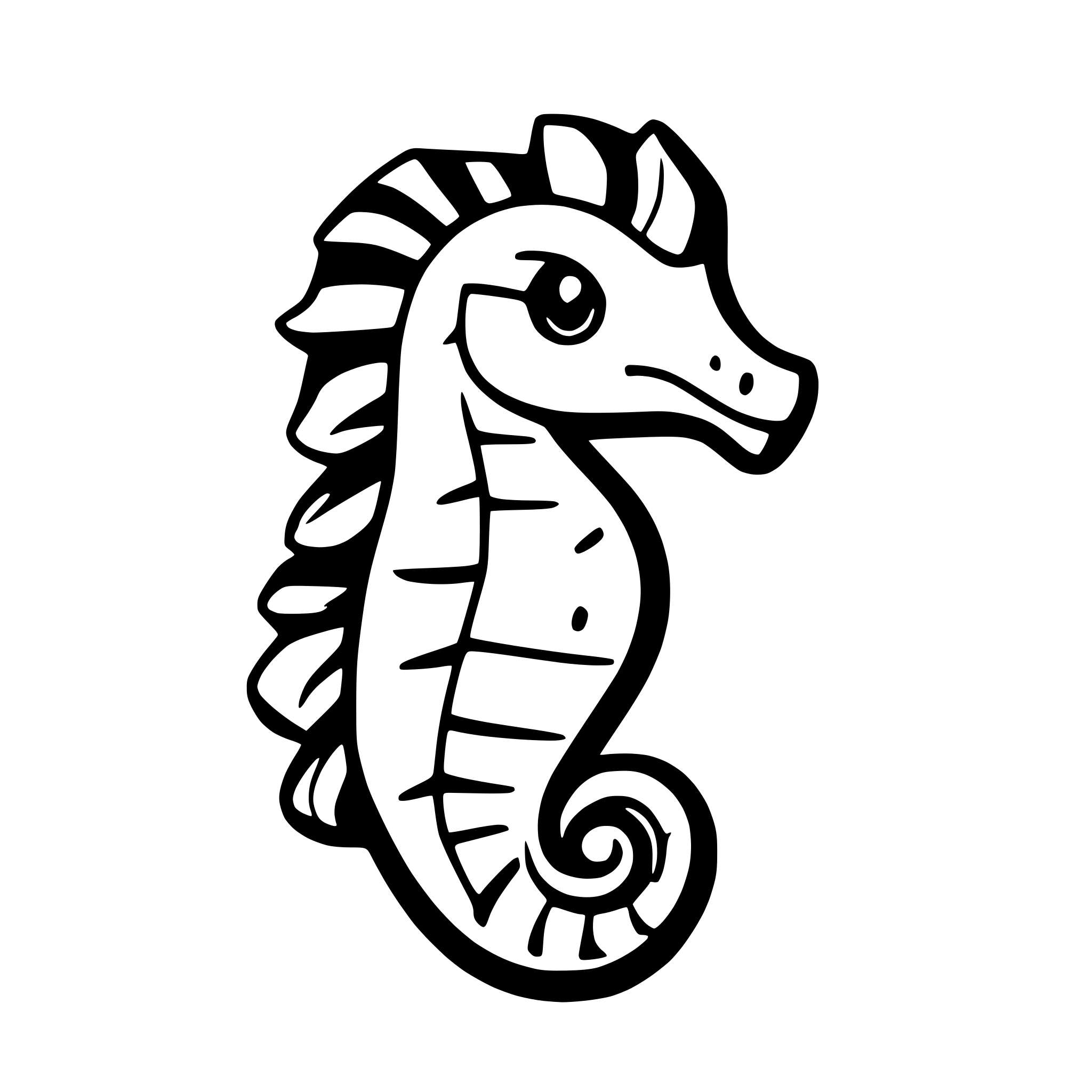 AI-generated SVG of a slightly cartoonish seahorse without gills colored in yellow and gold with black accents
