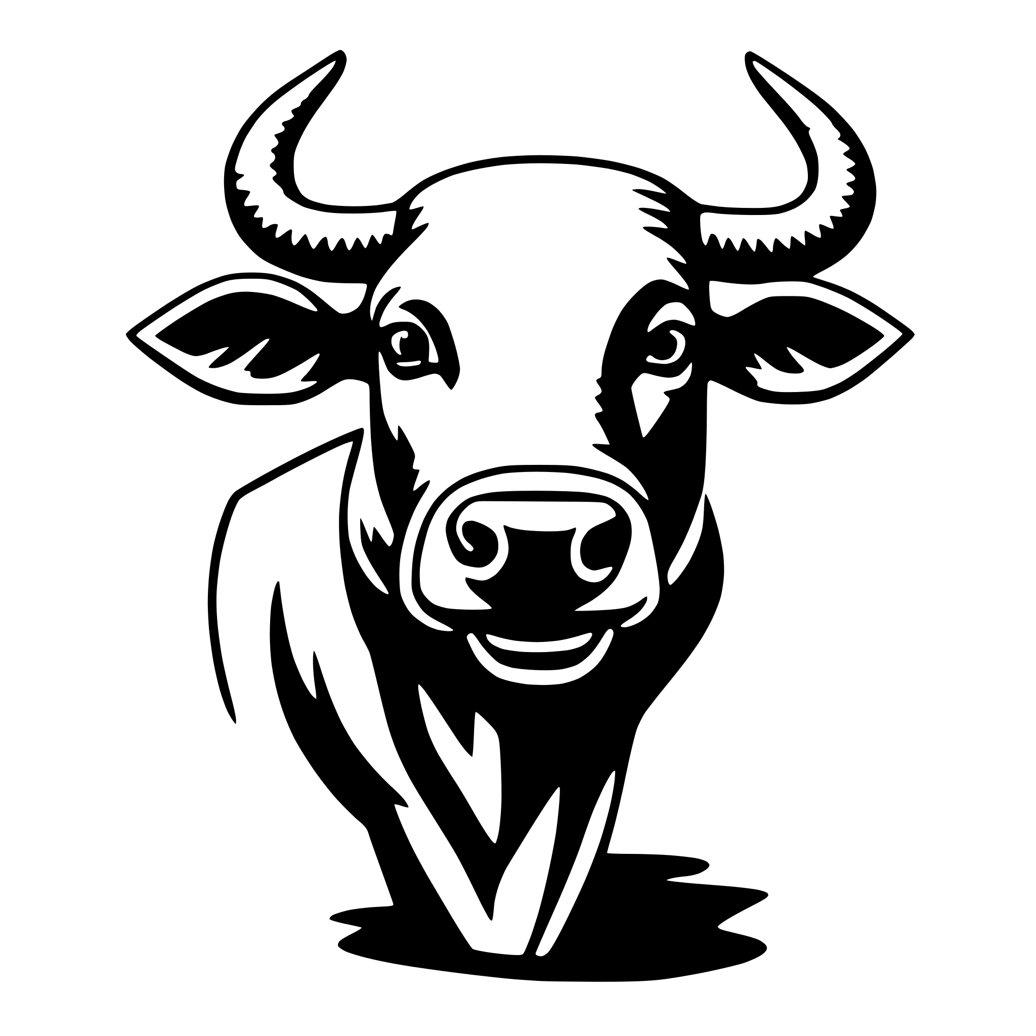 The SVG features a stylized black and white illustration of a cow. The cow is depicted with a smiling expression, showing its teeth, and is looking directly at the viewer. It has two large, curved horns and a prominent nose. The cow is standing with its front legs slightly forward and its tail curled around its body. The SVG has a simple, cartoon-like style with clean lines and minimal shading. 