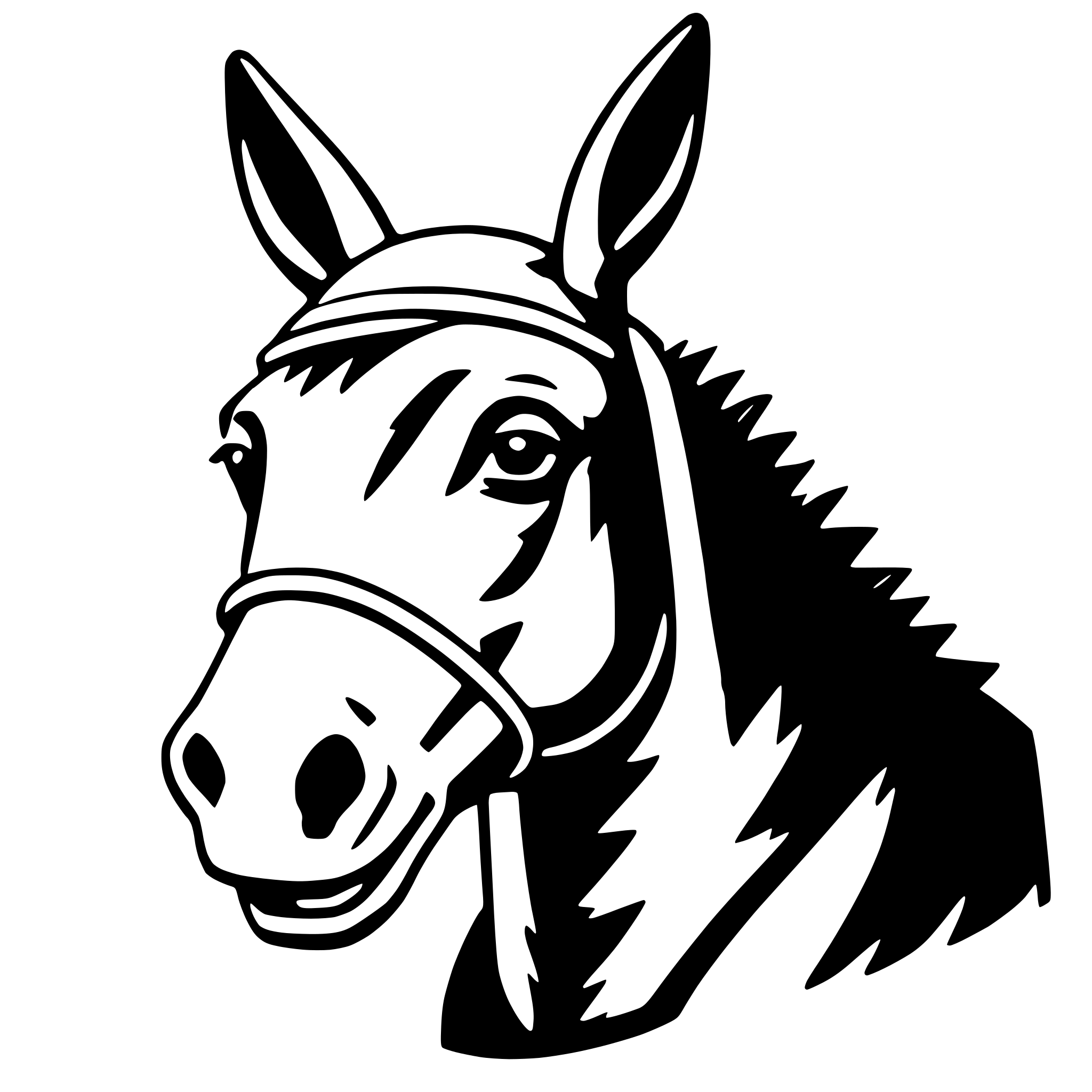The SVG shows a stylized black and white illustration of a horse's head. The horse is depicted with a prominent nose, large eyes, and a mane that is stylized with a jagged pattern. The horse is also wearing a bridle with a bit in its mouth. The SVG is simple and does not include any additional elements or background details. The horse's head is the central focus of the SVG, and there is no interaction between objects as it is a single object illustration. 