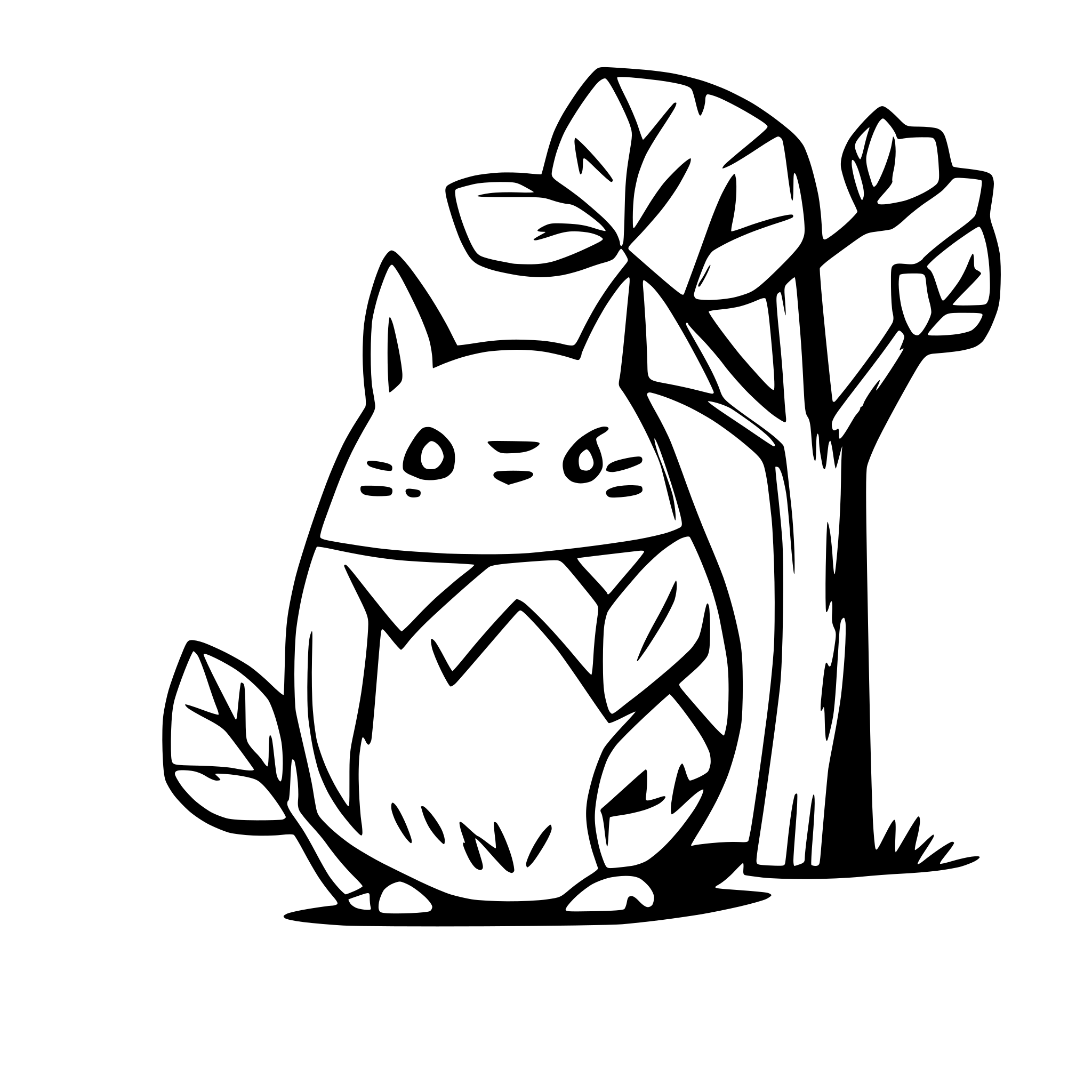 AI-generated SVG of a totoro with a one japanese cherry tree for colouring only lines in the style of hayao miyazaki