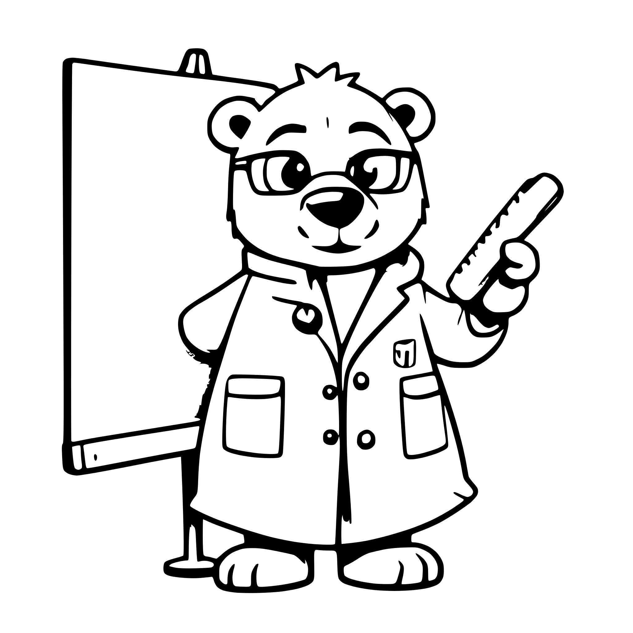 AI-generated SVG of a A cartoon polar bear wearing a lab coat and glasses, holding a ruler and standing next to a blackboard. The bear has a calm and wise demeanor. White background, Disney and Soviet animation style.