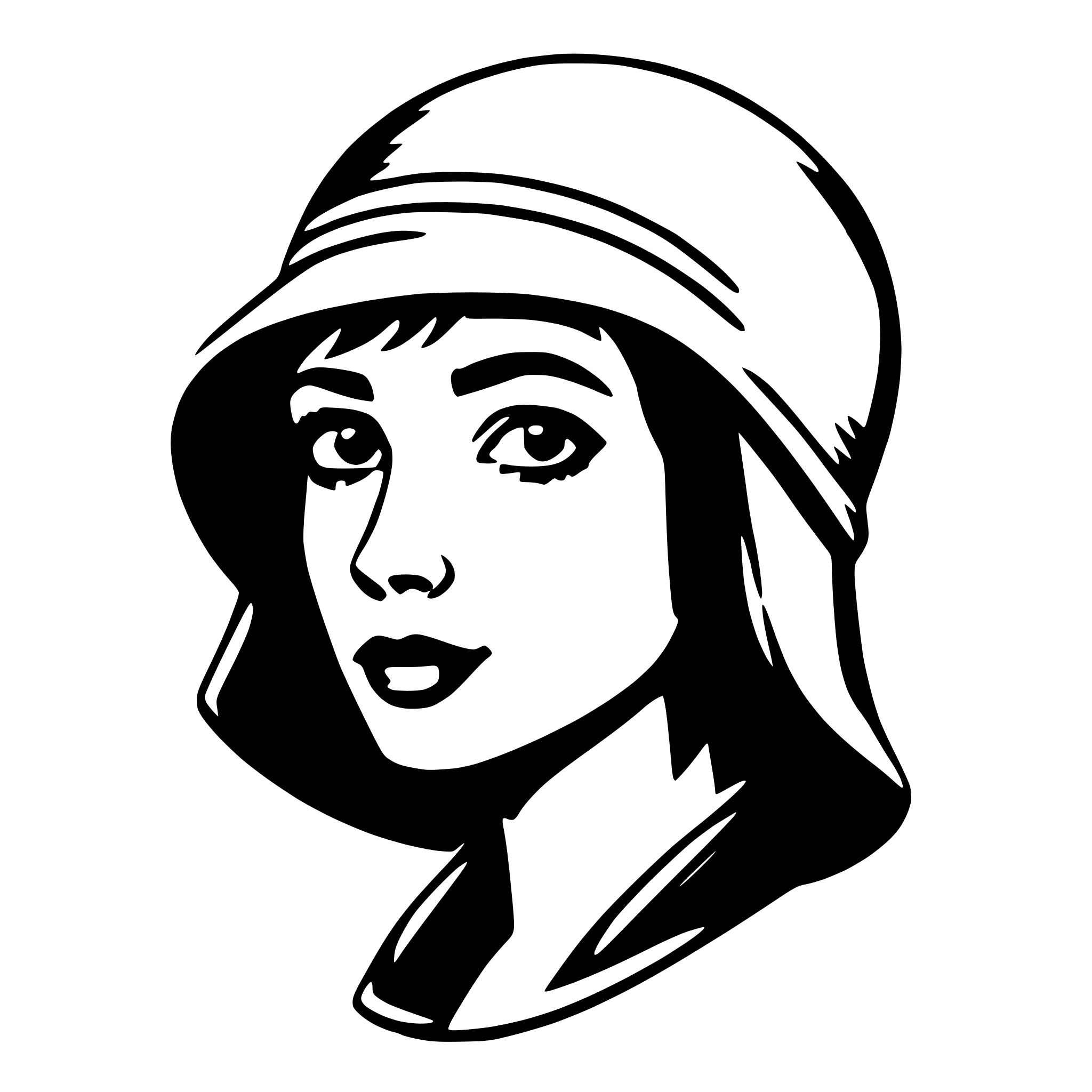 The SVG features a stylized black and white illustration of a woman's face. She has short hair, a prominent nose, and her lips are slightly parted. The woman is wearing a wide-brimmed hat that covers her forehead and extends over her hair. The illustration is simple and uses solid lines and shapes to define the features and the hat. The style is reminiscent of a classic, perhaps mid-20th century, fashion illustration. 