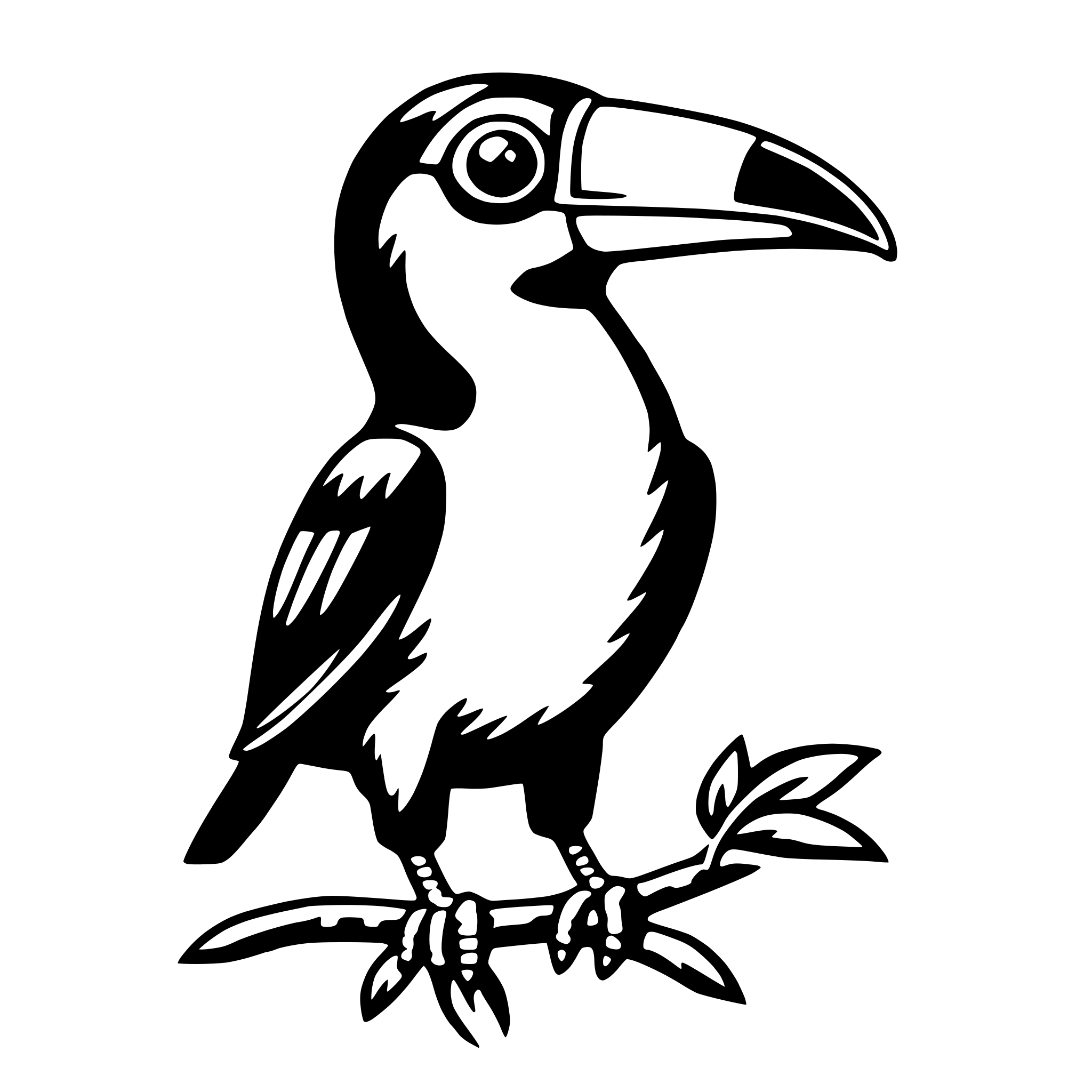 The SVG depicts a stylized black and white illustration of a toucan. The toucan is standing on a branch with its beak open, and it has large, round eyes and a prominent, curved beak. The illustration is simple and uses solid colors without any shading or gradients. The toucan is the central figure in the SVG, and there is no interaction with other objects as it is the sole focus of the SVG. 
