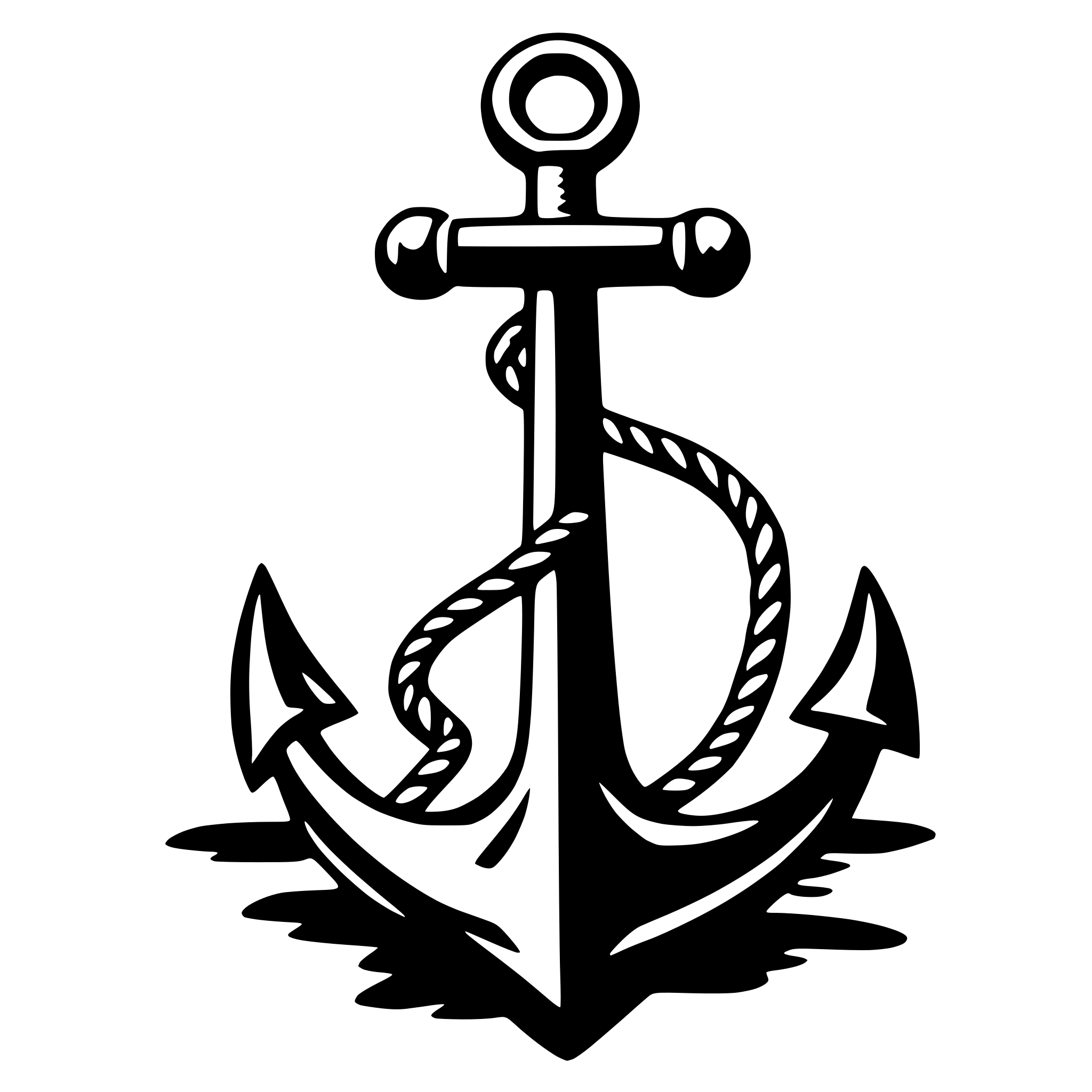 The SVG shows a stylized black and white anchor. The anchor has a pointed tip, a shank, a bow, and three flukes. The bow is coiled and the flukes are spread out, suggesting the anchor is ready to be dropped into water. The anchor is centered on a white background. 