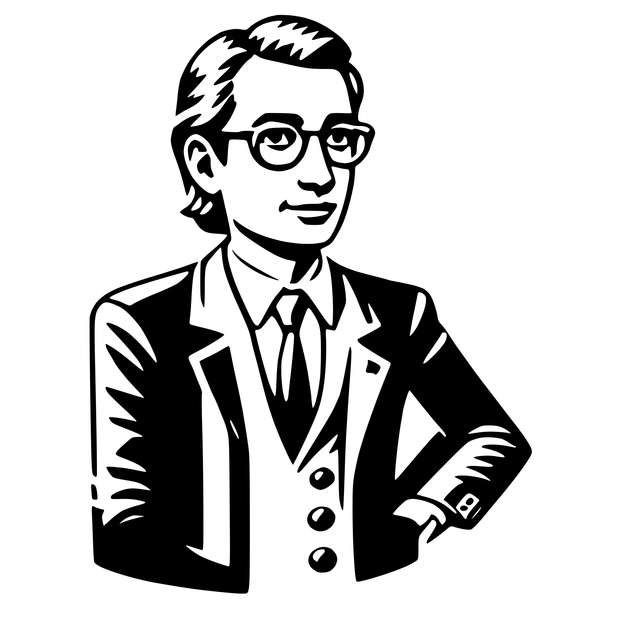 The SVG depicts a stylized black and white illustration of a man. He is wearing glasses, a suit with a tie, and has a confident expression. The man's hands are crossed over his chest. The illustration is simple and uses solid black lines against a white background. The style is reminiscent of a comic book or graphic novel character. 