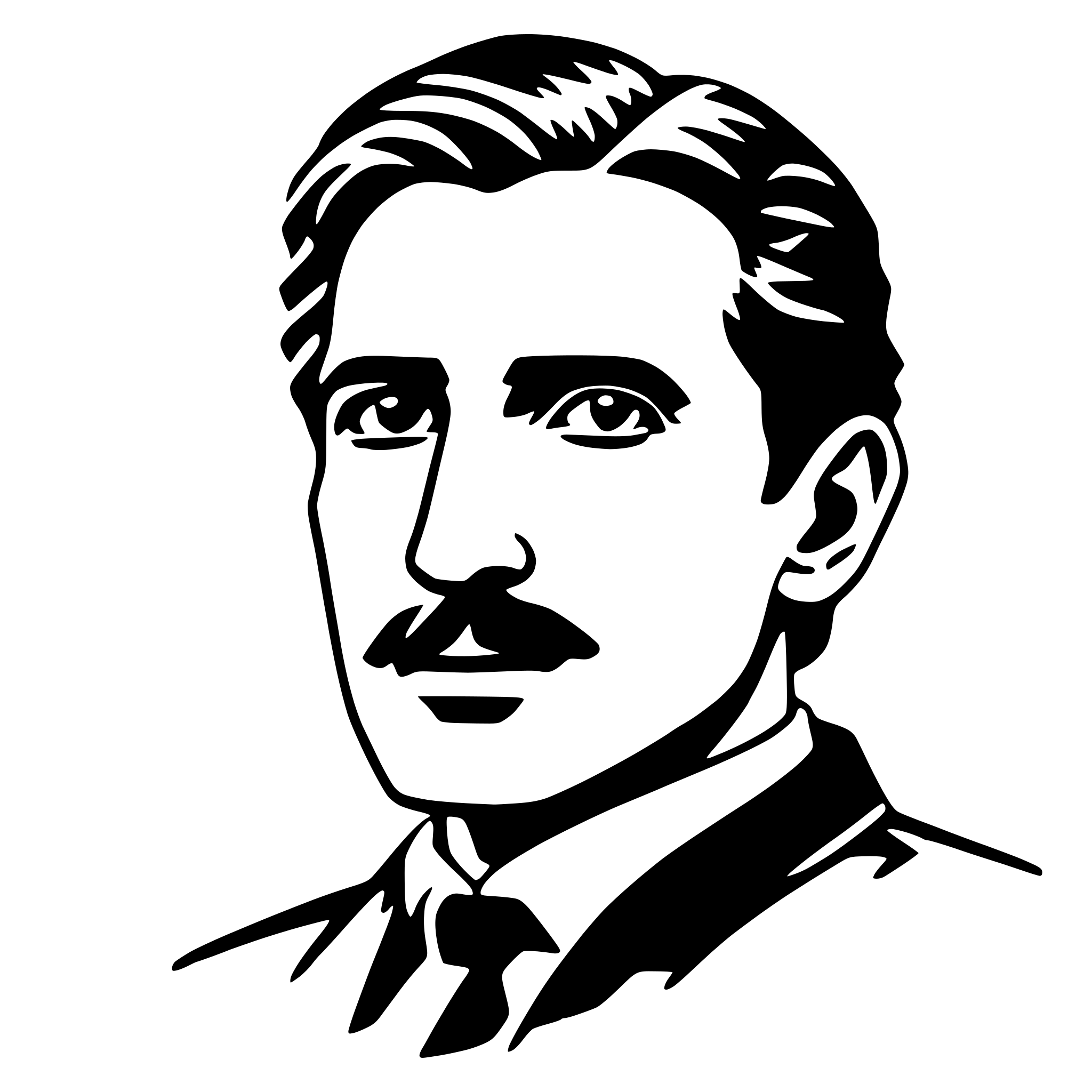 The SVG is a black and white vector illustration of a man's face. The man has a mustache and is wearing a suit with a tie. His hair is styled, and he appears to be looking directly at the viewer. The illustration is simple and uses solid lines to define the features of the man. There is no interaction between objects as the SVG is a portrait with no additional elements. 