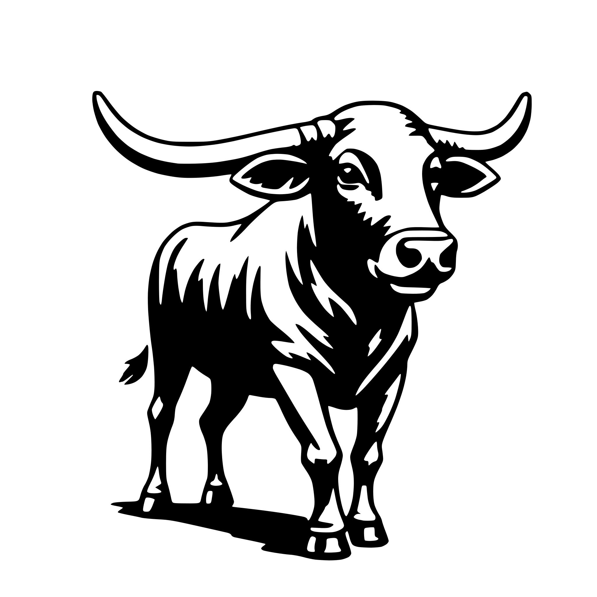 The SVG depicts a stylized black and white illustration of a bull. The bull is standing with its head turned slightly to the left, and it has prominent horns that curve upwards. The animal's body is elongated, and it has four legs, with the front legs slightly forward. The tail is short and ends with a tuft of hair. The SVG is simple and lacks any additional elements or background details. The bull is the central focus of the SVG, and there is no interaction between objects as it is a single figure. 