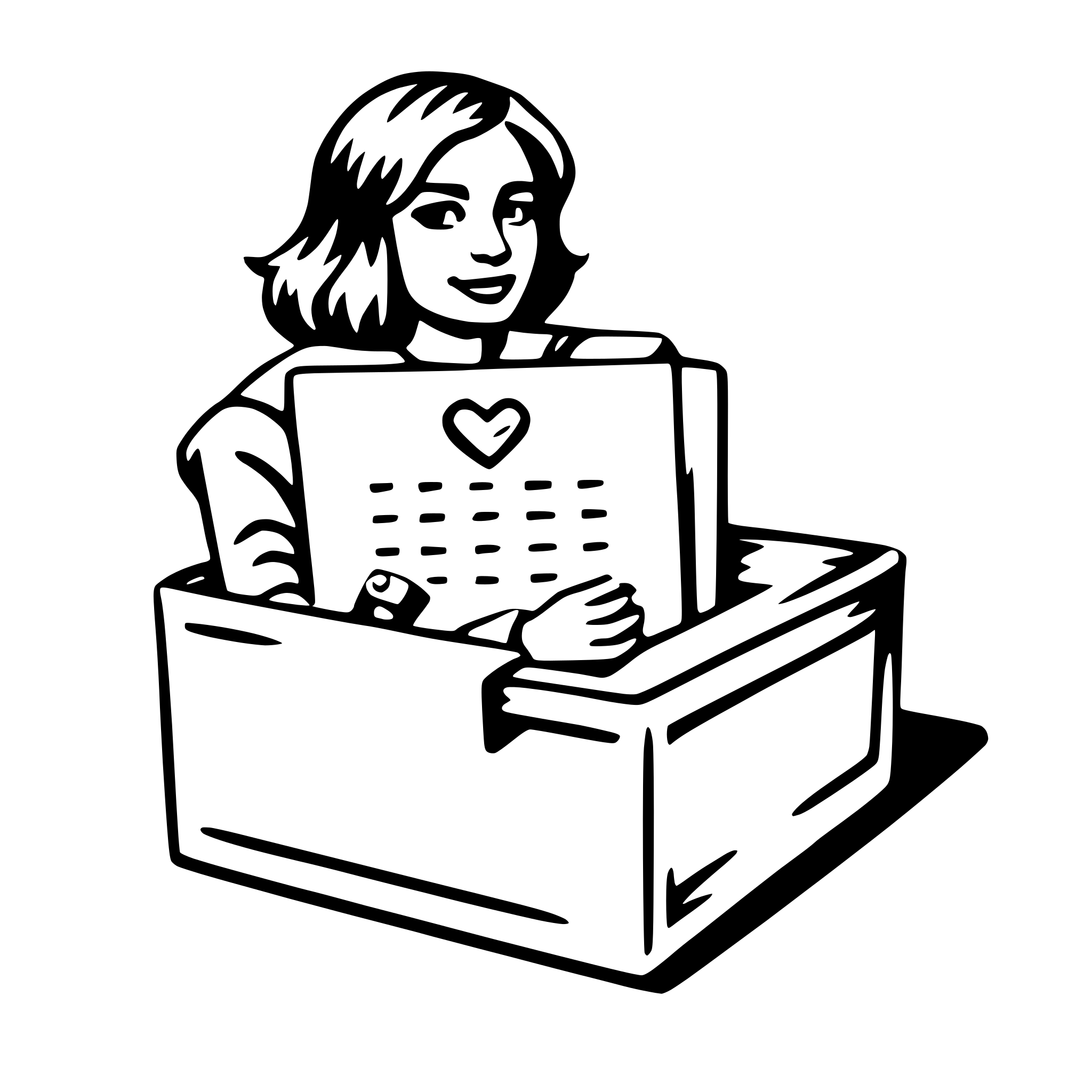 The SVG depicts a stylized illustration of a person sitting inside an open box. The person appears to be smiling and is holding a piece of paper with a heart symbol on it. The box has a lid that is open, and the person's legs are visible, suggesting they are sitting comfortably within the box. The overall impression is one of a playful or whimsical scene, possibly suggesting a theme of love or affection. 