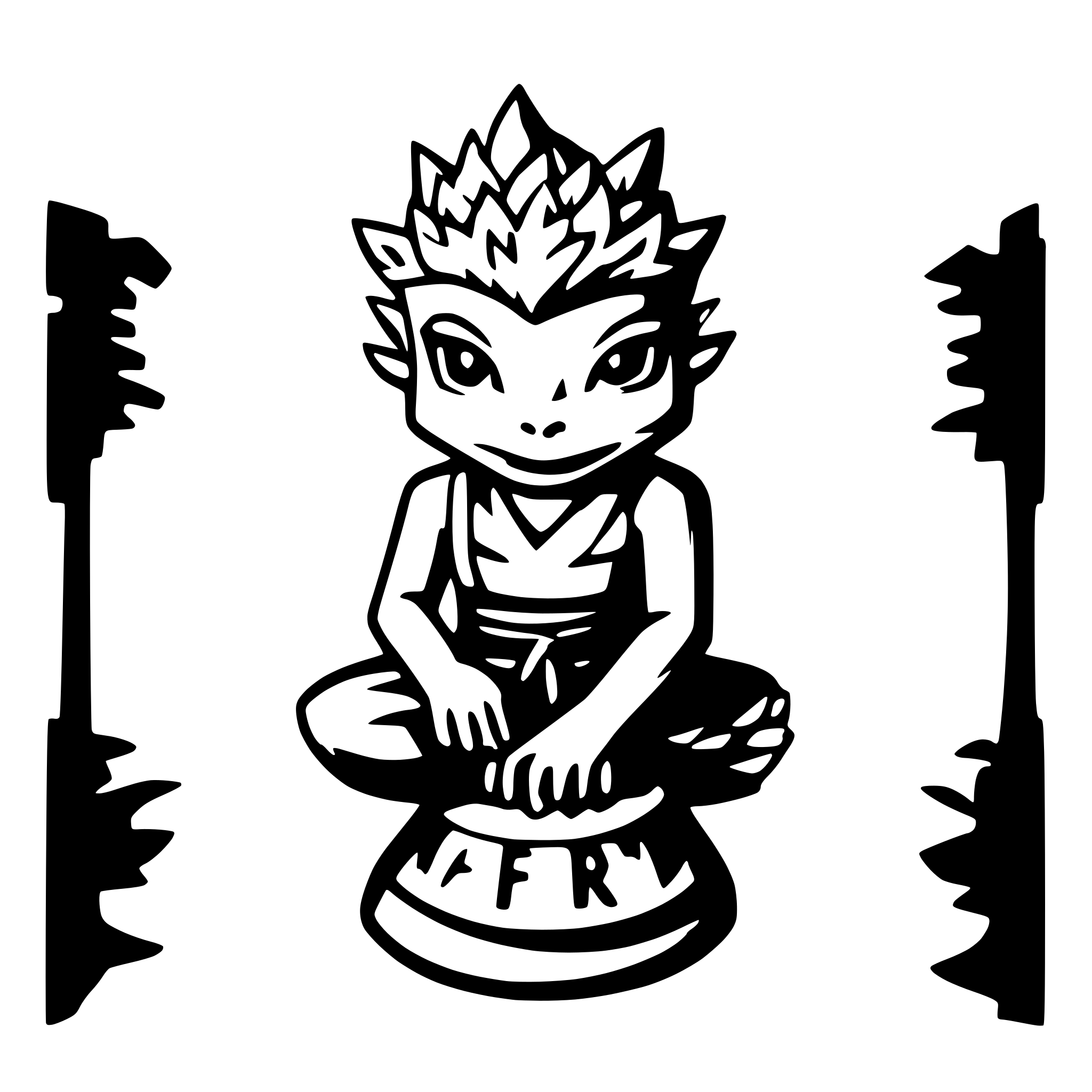 AI-generated SVG of 'A black logo spelled "Bufo Supreme", with a SAMURAI bufo frog, with a blonde mohawk, sitting on top of the letters, with a japanese temple in the background.'