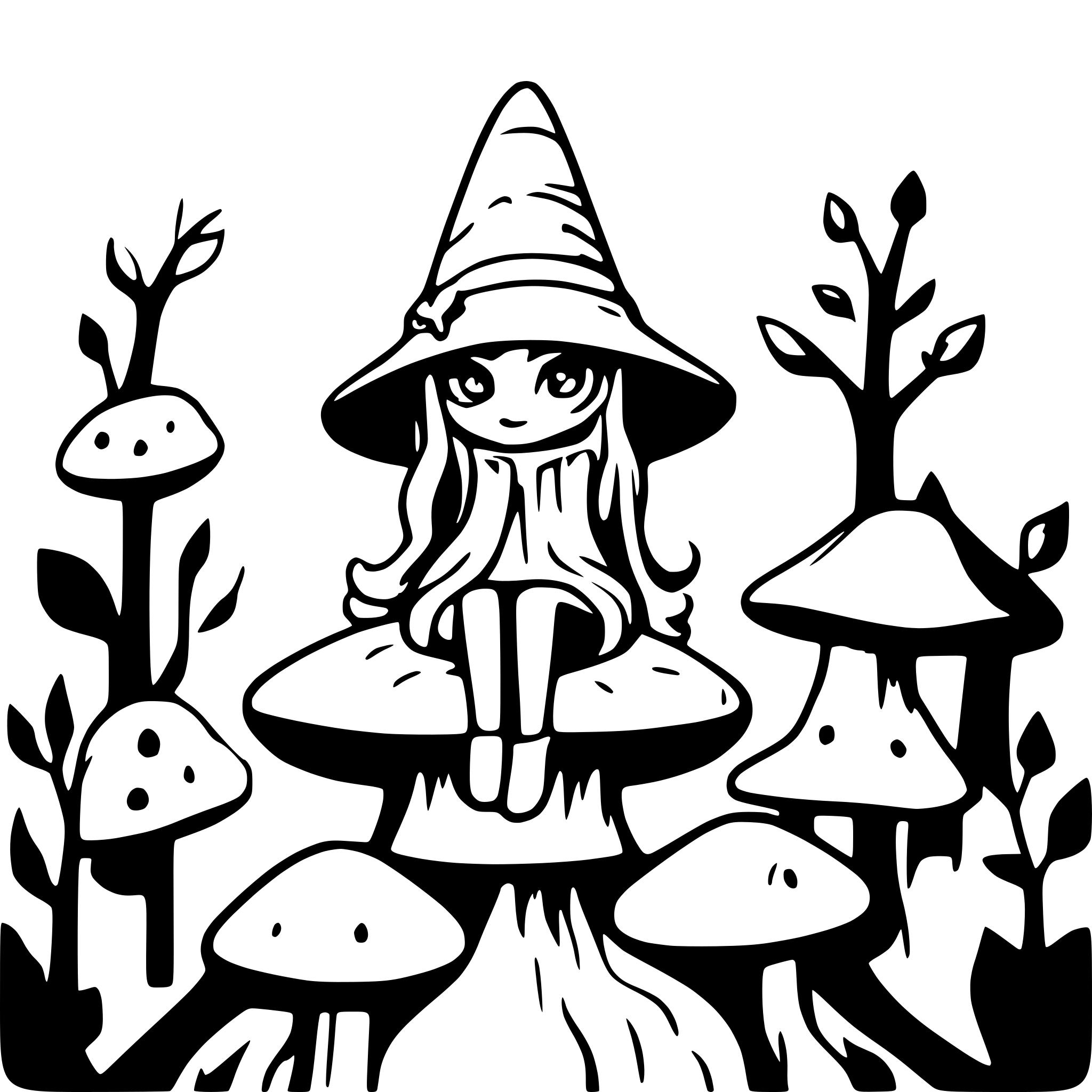 AI-generated SVG of a Aliens sitting on mushrooms in a psychedelic forest and wizard