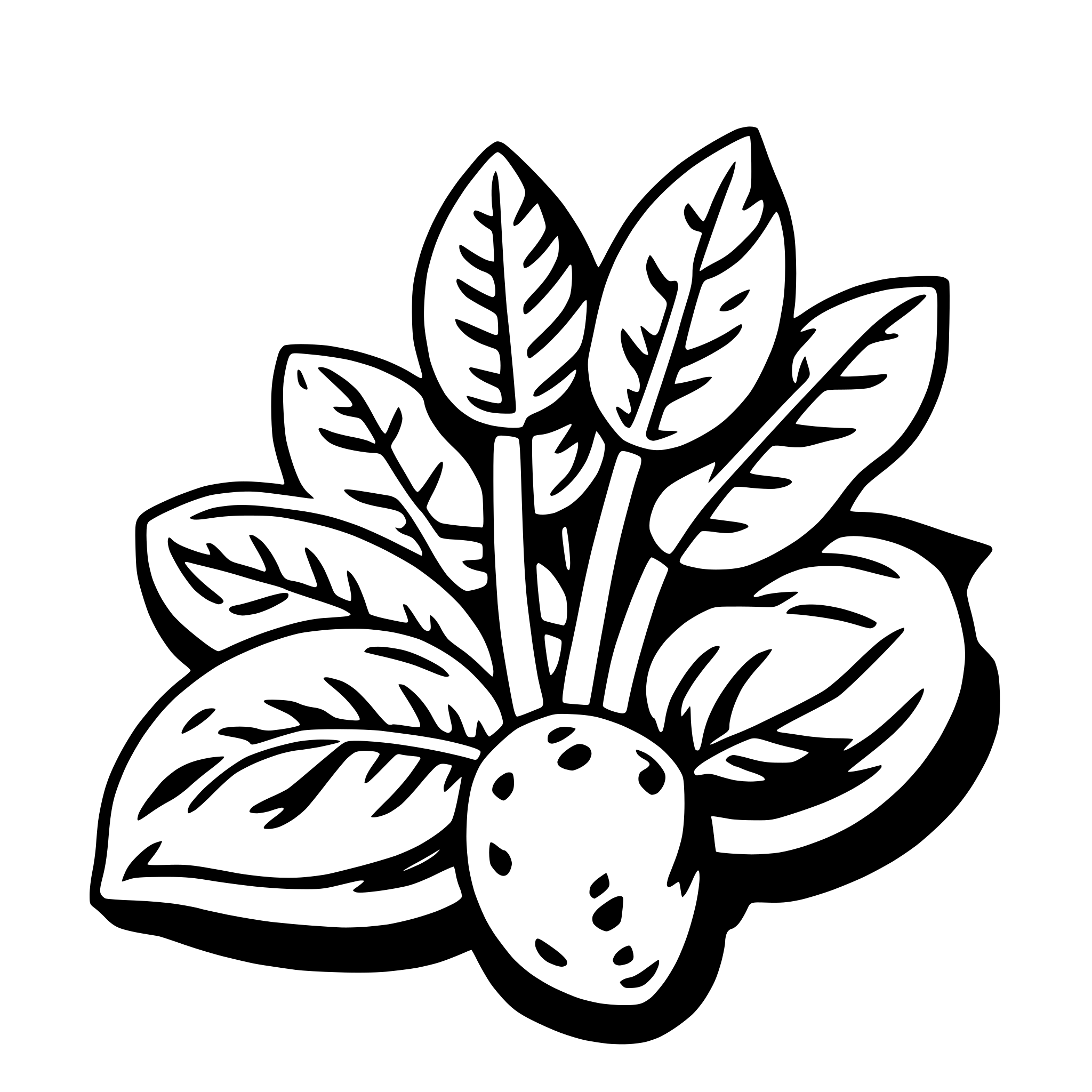 The SVG depicts a stylized illustration of a plant with large, elongated leaves and a central, round fruit. The leaves are arranged in a circular pattern around the fruit, creating a sense of symmetry. The fruit appears to be a berry or a similar type of fruit, with a textured surface that suggests a natural, organic texture. The overall style is simple and graphic, with clean lines and a limited color palette. The SVG does not contain any text or additional elements. 