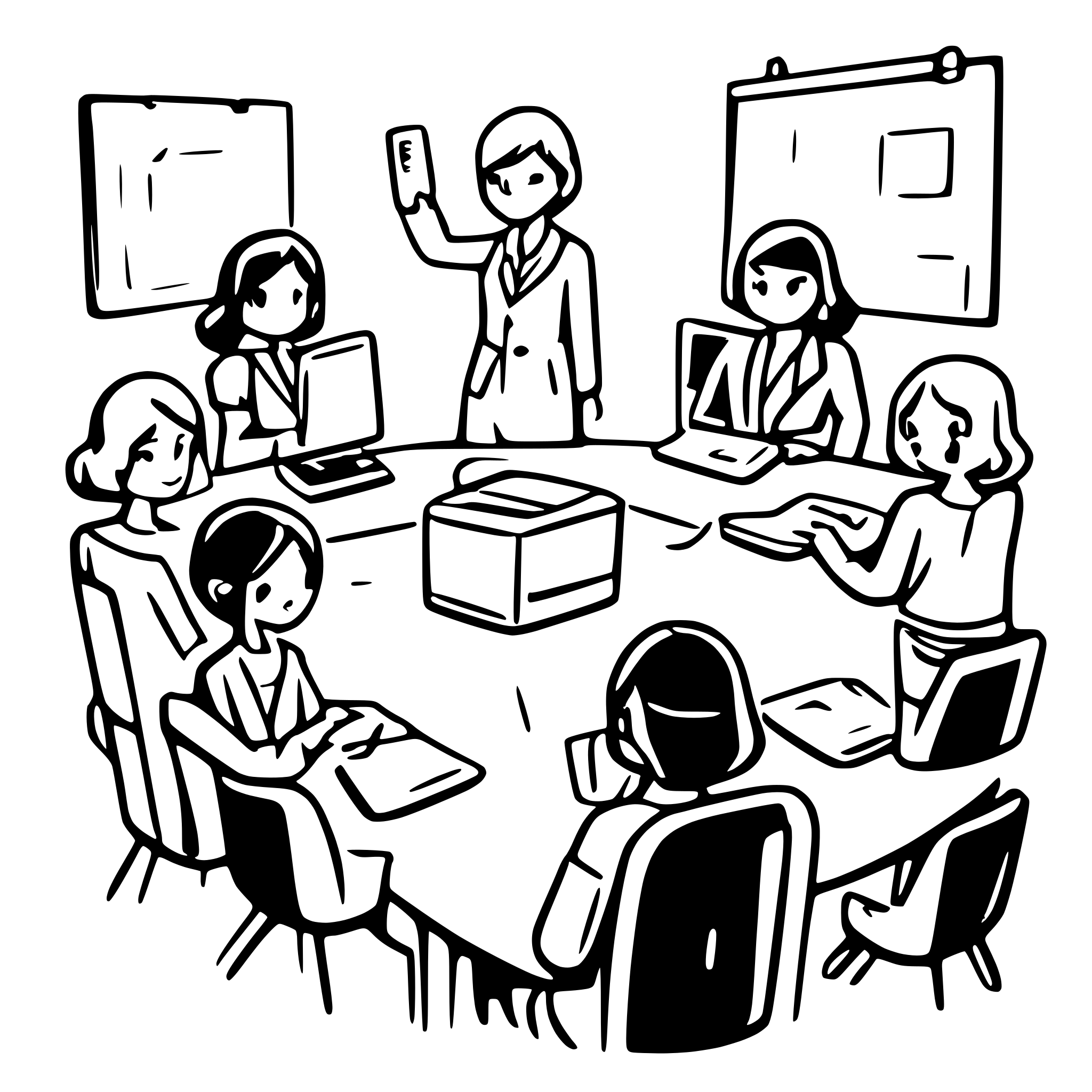 AI-generated SVG of a laptops and microphone , events and calendar , board meetings like a civil court  , people using it  and  teamwork