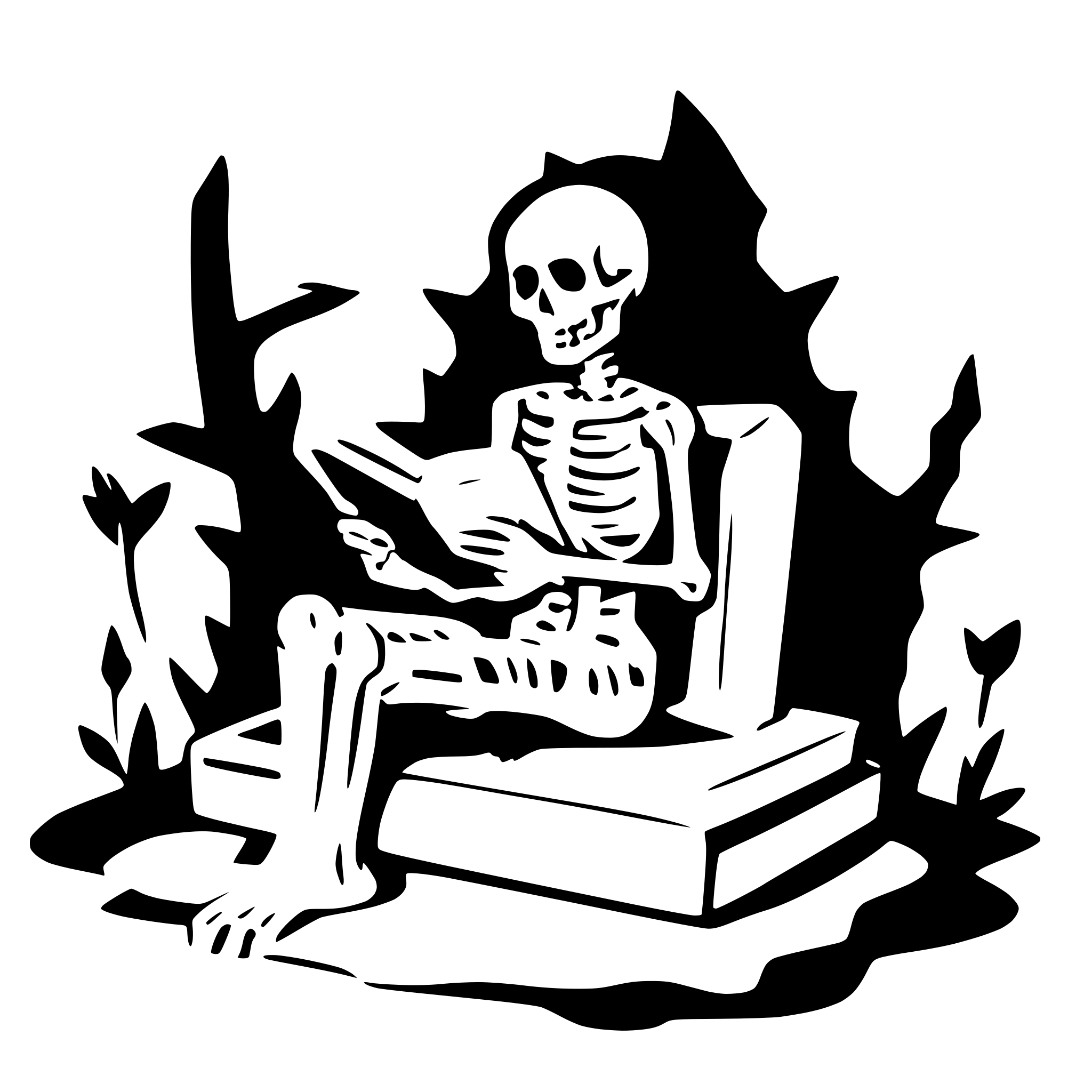 AI-generated SVG of a a skeleton sitting on a grave an reading