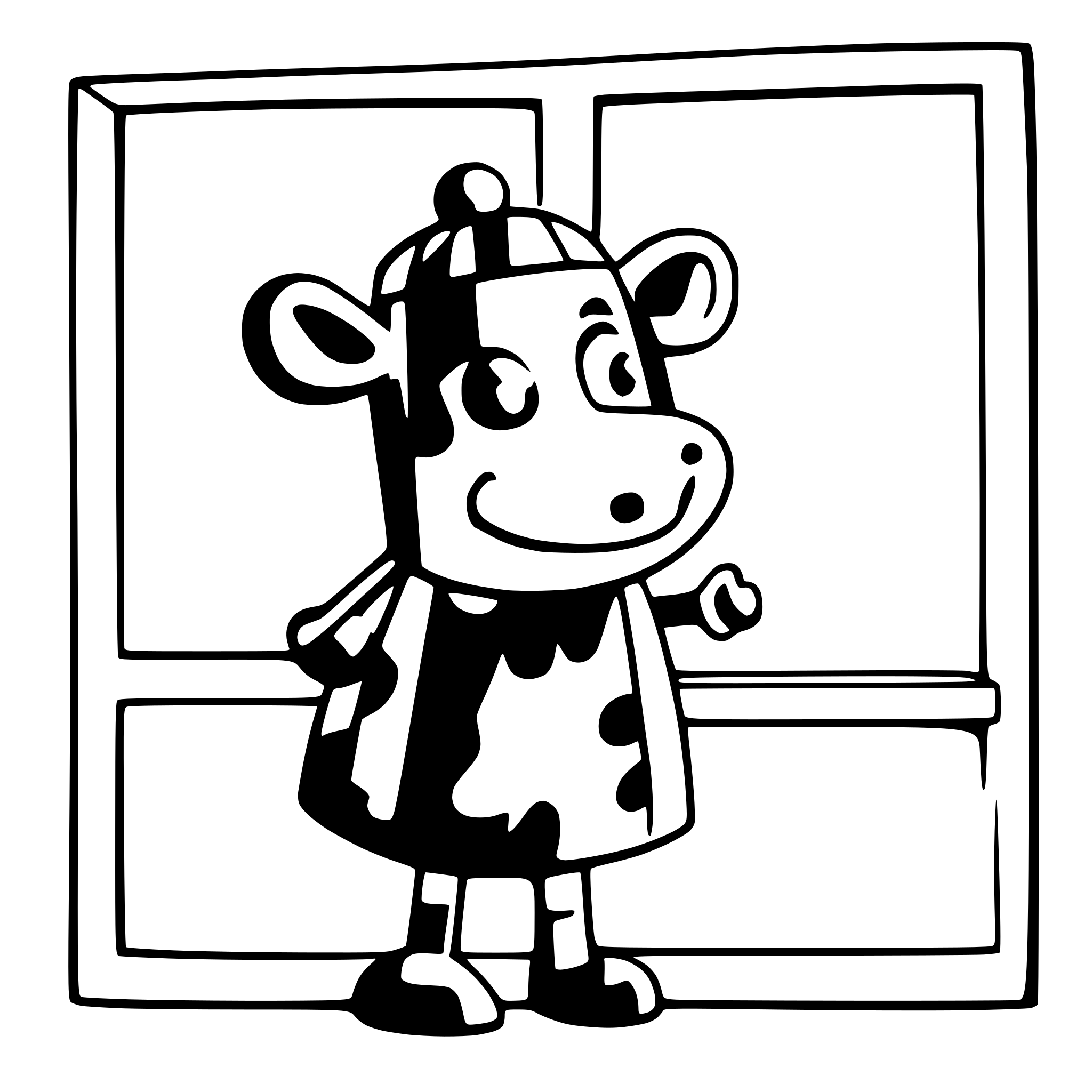 AI-generated SVG of a paula the cow standing on two legs wearing a turban. The cow is outside indicated by a window frame, the perspective comes from inside. With colours