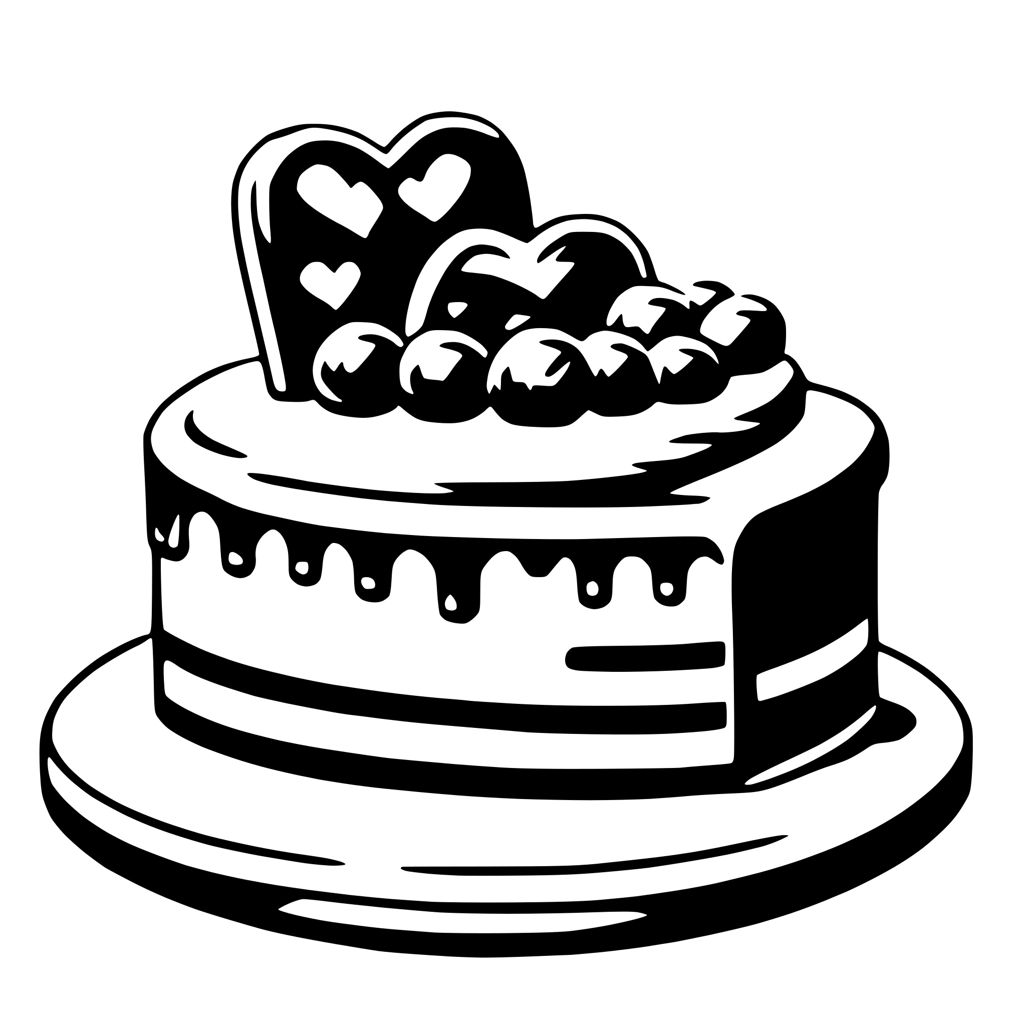 The SVG depicts a stylized, cartoon-like cake with a heart shape on top. The cake has a layer of frosting and is adorned with what appears to be a cluster of berries or fruit on top. The heart shape on top of the cake is also decorated with a similar cluster of berries or fruit. The cake is placed on a round, flat base that could be a cake stand or a plate. The overall style is simple and graphic, with solid black lines and no shading or gradients. 