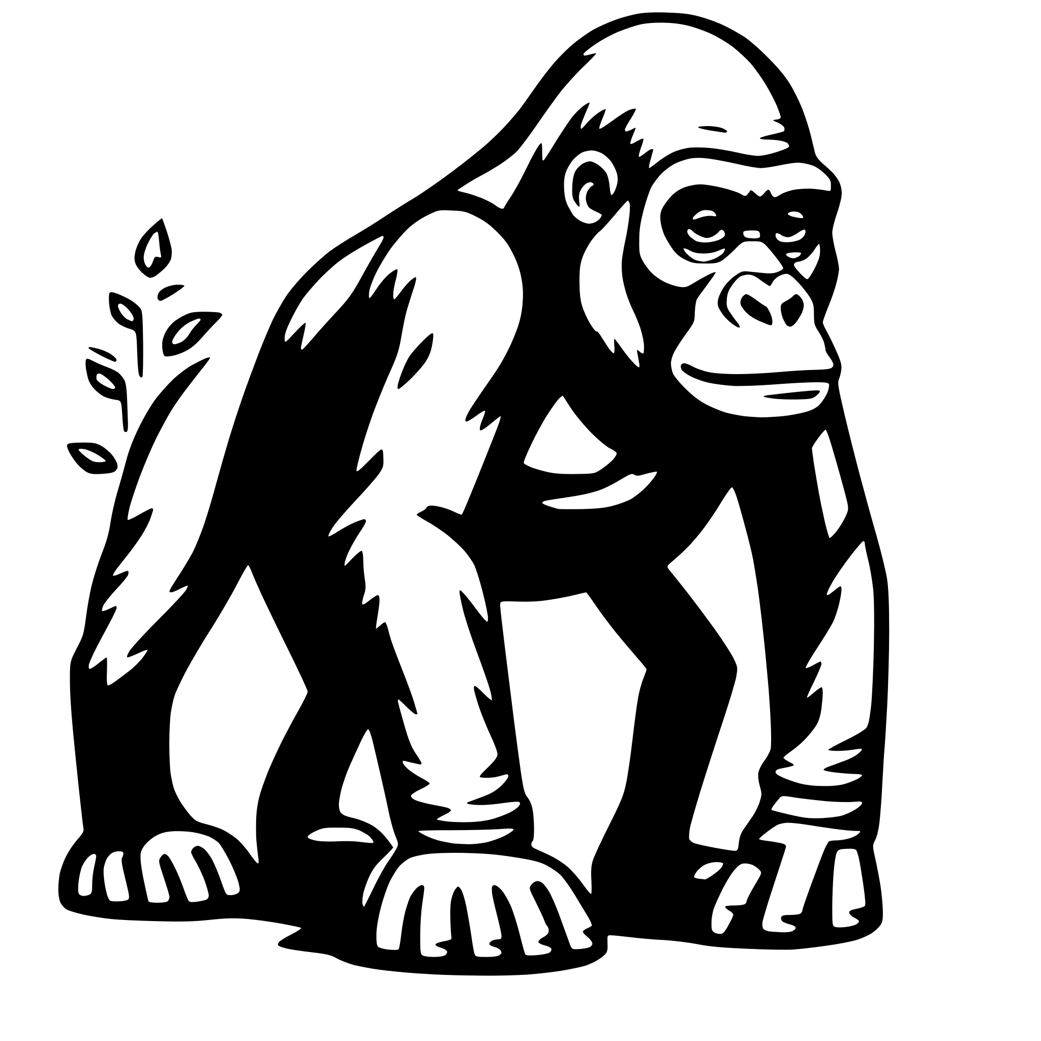 The SVG depicts a stylized, cartoon-like illustration of a gorilla. The gorilla is standing upright on its hind legs, with its front legs extended forward. It has a large head with prominent eyes and a small nose, and its mouth is slightly open. The gorilla's fur appears to be a solid color, and there are no visible textures or patterns. The gorilla's posture and expression give it a somewhat anthropomorphic appearance. There are no other objects or interactions depicted in the SVG. 
