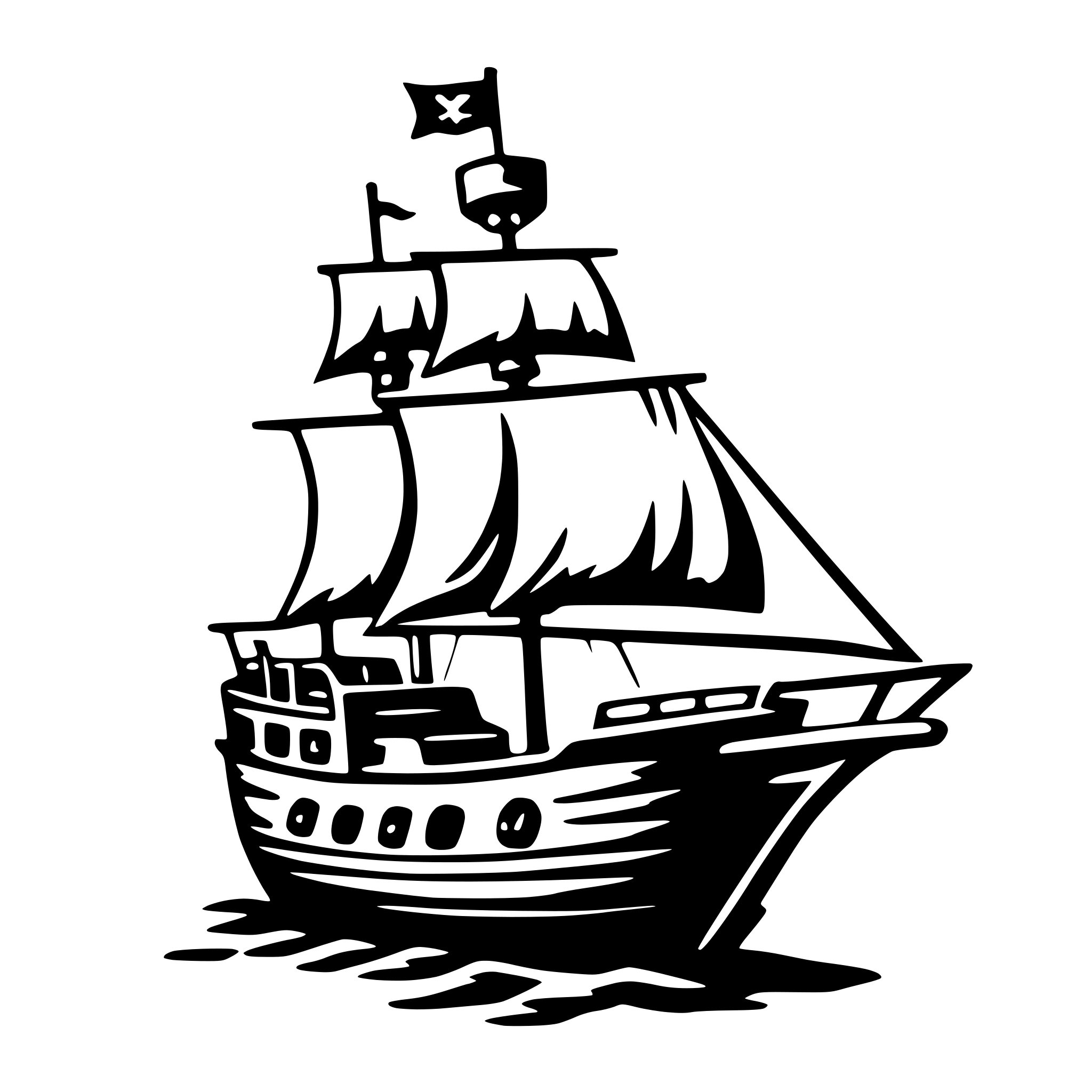 The SVG depicts a stylized black and white illustration of a sailing ship. The ship has three masts with sails fully unfurled, and the hull is detailed with multiple windows and a small cabin. The ship is floating on water, and there is a small flag flying at the top of the mast. The ship is positioned on the right side of the SVG, and the water appears to be calm with gentle waves. The SVG does not contain any text or additional objects. The ship is the central focus of the SVG, and there is no interaction between the ship and other objects, as it is a standalone illustration. 