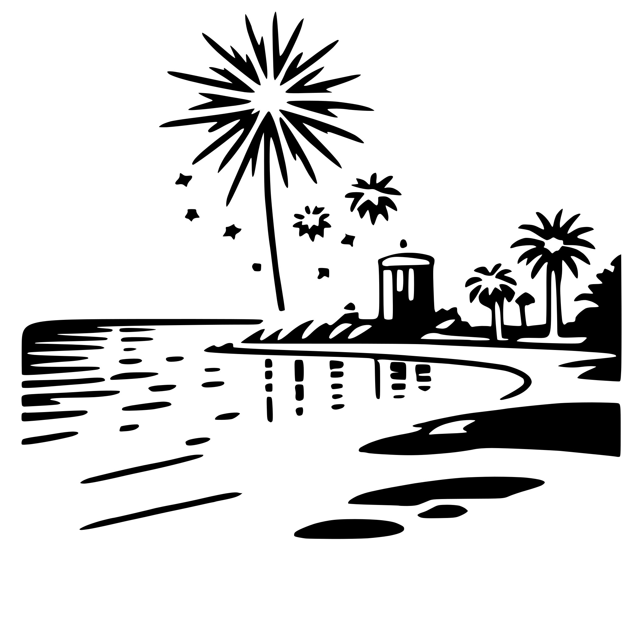 The SVG depicts a stylized beach scene. The main objects include a palm tree, a body of water, a small building or hut, and a few stars in the sky. The palm tree is prominently positioned on the right side of the SVG, with its leaves extending upwards. The water appears calm and is situated on the left side of the SVG, with a gentle curve suggesting its shape. The small building is located on the right side of the water, near the palm tree. The stars are scattered across the top of the SVG, suggesting a nighttime setting. The overall style of the SVG is simplistic and graphic, with bold lines and shapes. 