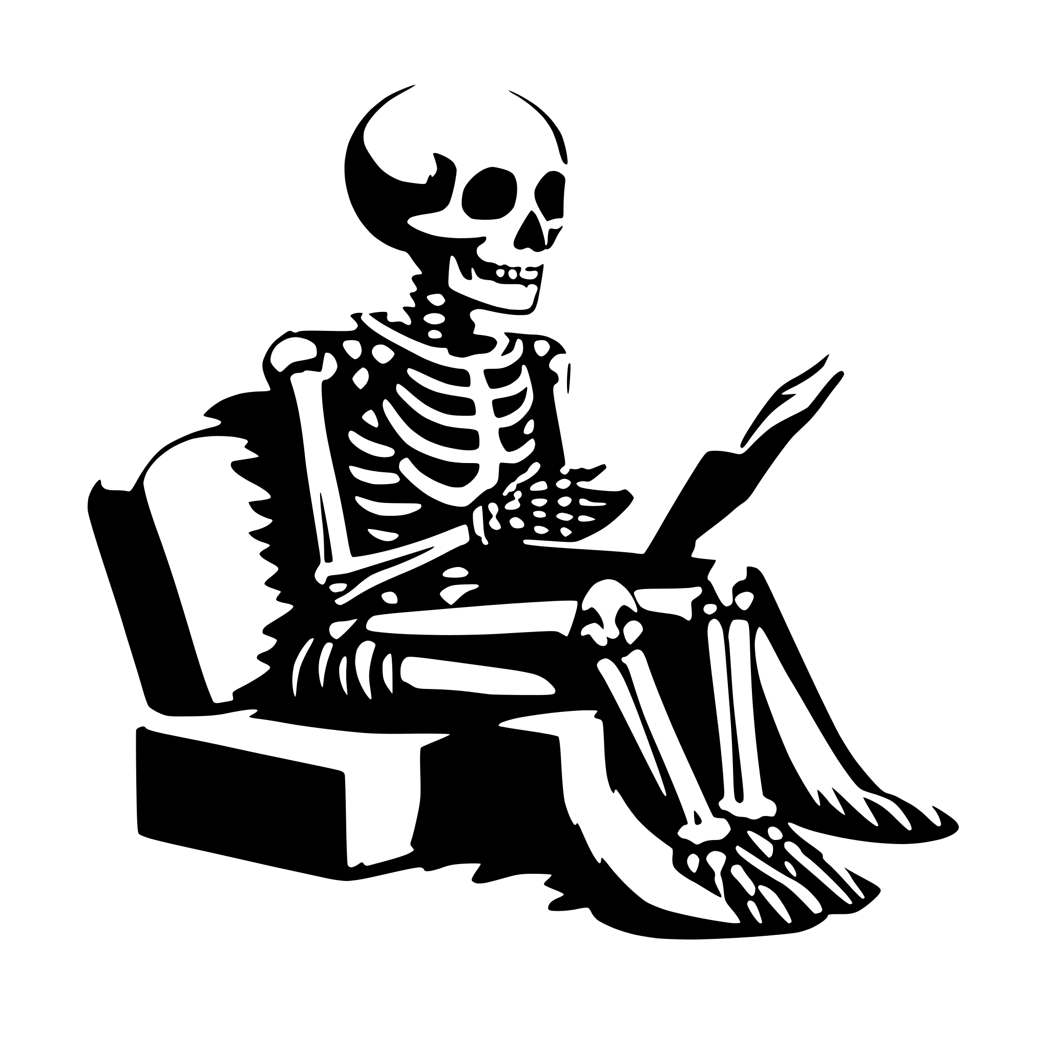 AI-generated SVG of 'skeleton reading a book'