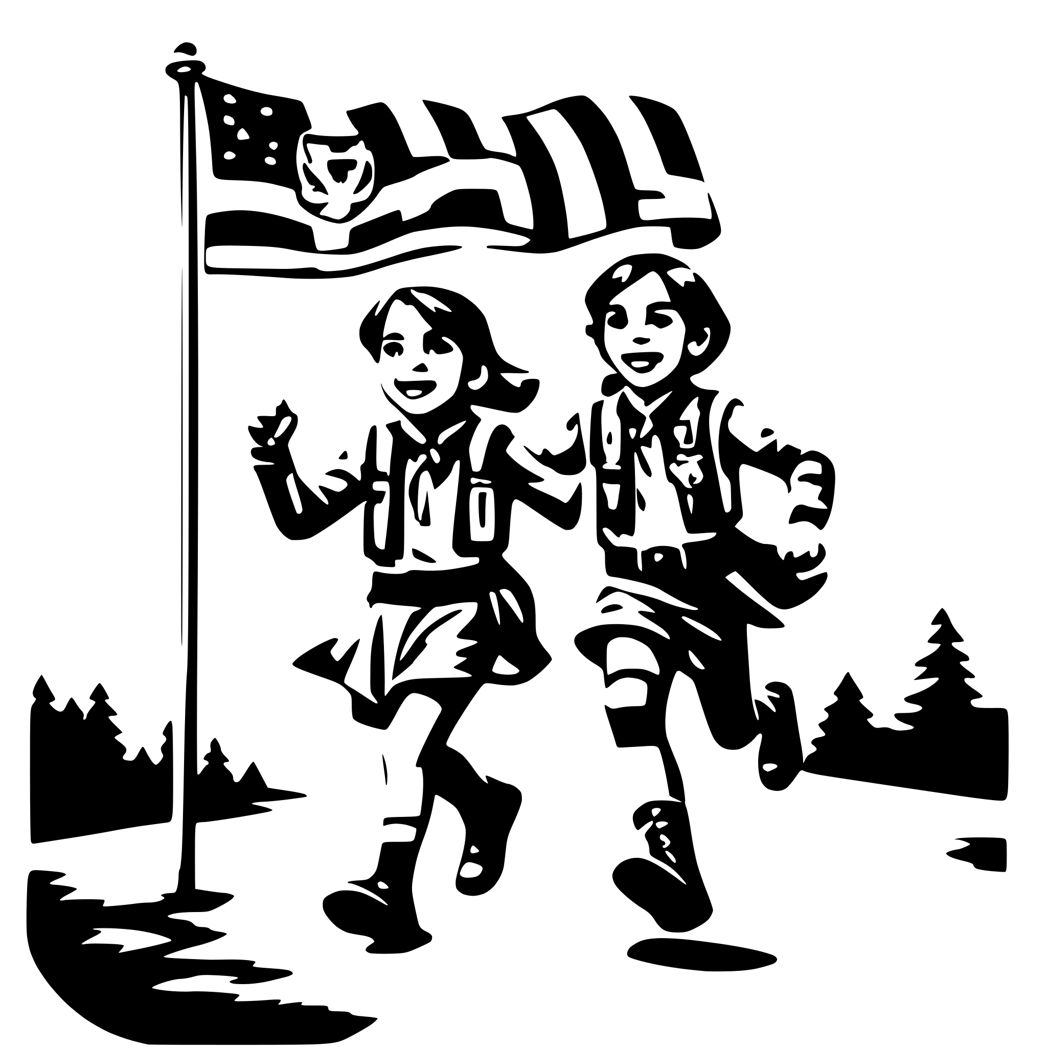AI-generated SVG of a scout children running around the flag