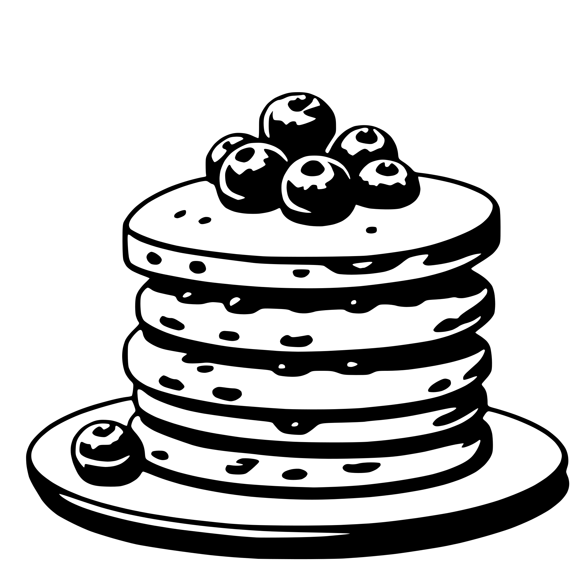 The SVG depicts a stack of pancakes topped with a cluster of blackberries. The pancakes are layered on top of each other, with the topmost pancake slightly offset to the right. The blackberries are arranged in a circular pattern on the topmost pancake, with some berries overlapping each other. The pancakes appear to be golden brown with a slightly textured surface, suggesting a cooked appearance. The blackberries are dark in color, contrasting with the lighter pancakes. The SVG is a simple, stylized illustration with no additional text or elements. 