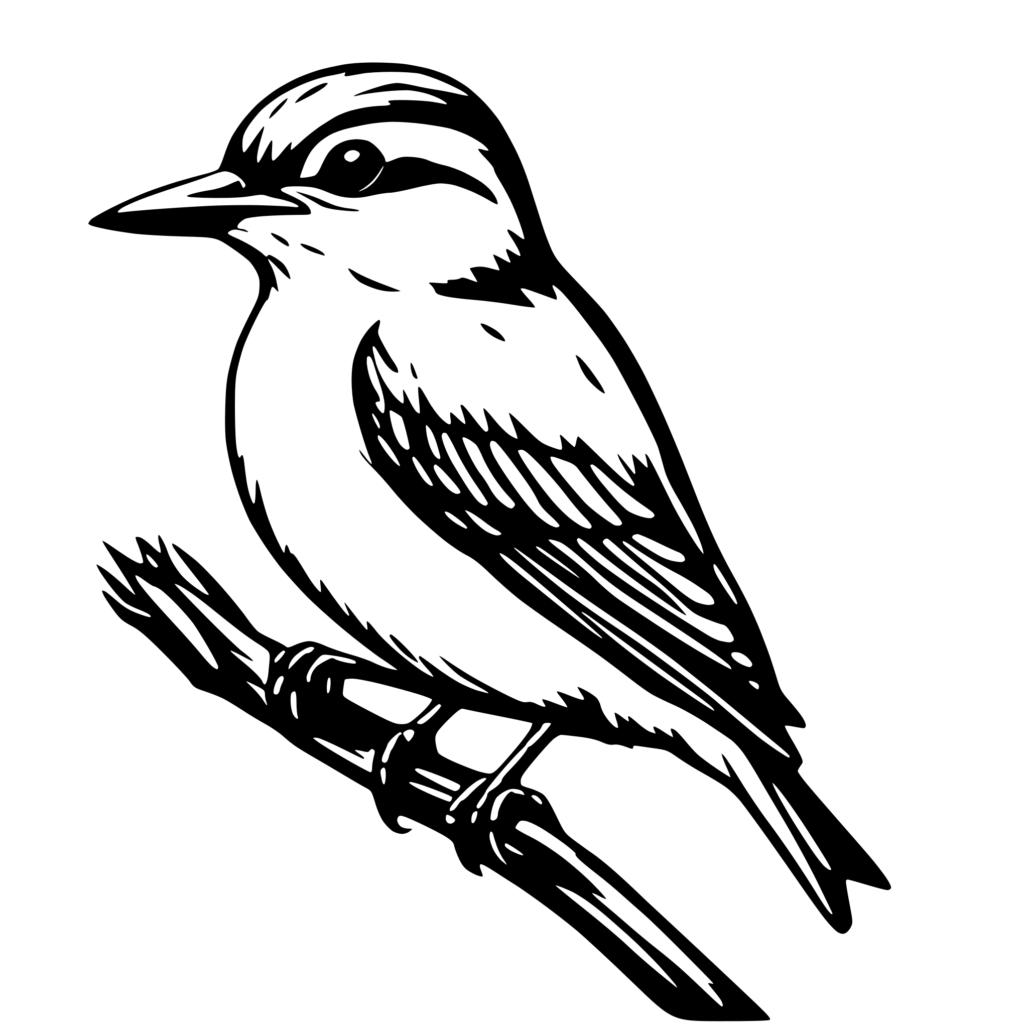 AI-generated SVG of 'line drawing of a nuthatch bird carrying a needle with thread hanging out of it'