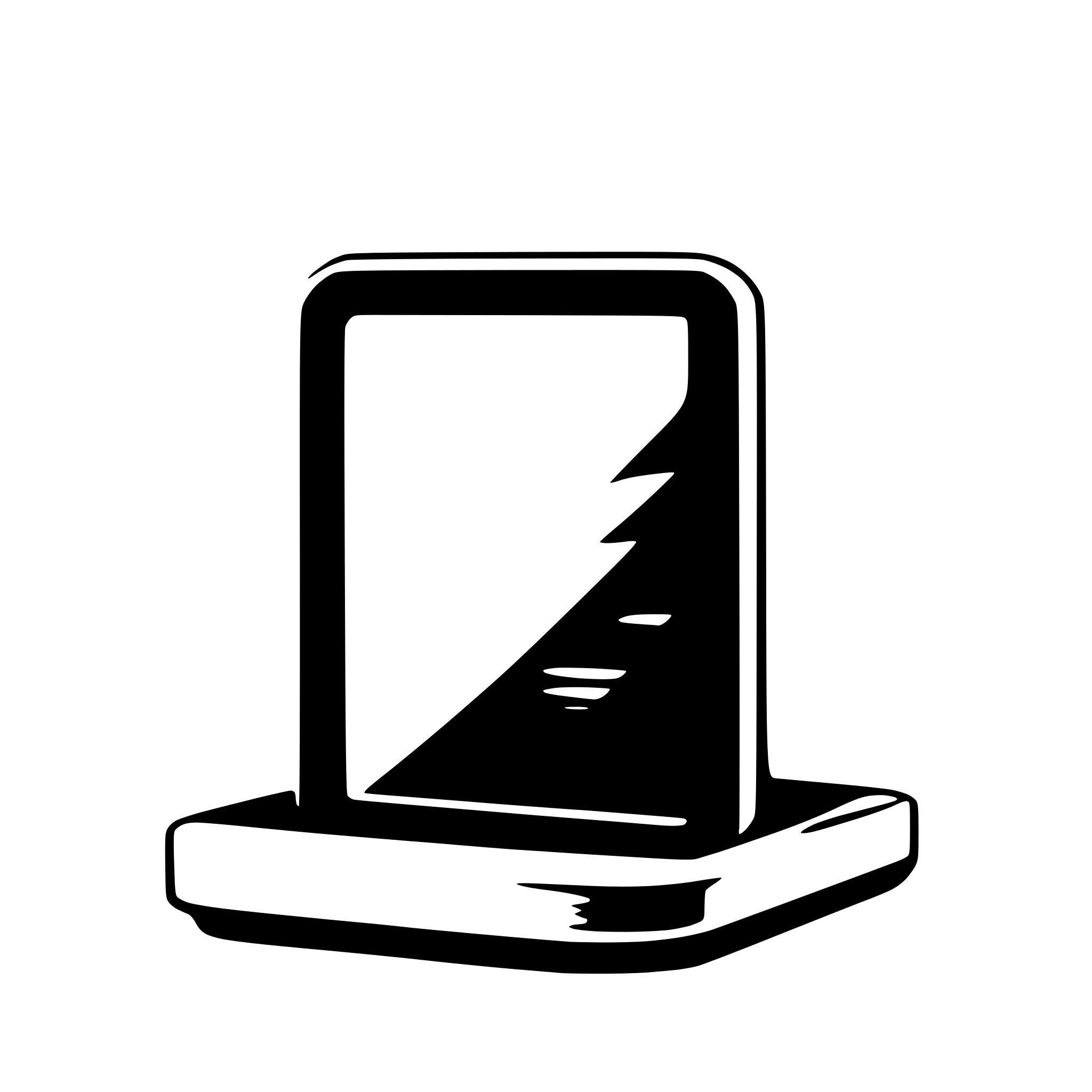 The SVG shows a stylized representation of a tablet computer. The tablet has a rectangular shape with rounded corners and a flat, rectangular base. It features a screen with a dark background and a lighter, possibly white, area that suggests the display. There is a single, dark line that appears to be a charging or power indicator on the screen. The tablet is depicted in a simplified, icon-like manner, with no additional details or textures to suggest a specific brand or model. The SVG is a vector graphic, which means it can be scaled to any size without losing quality. 