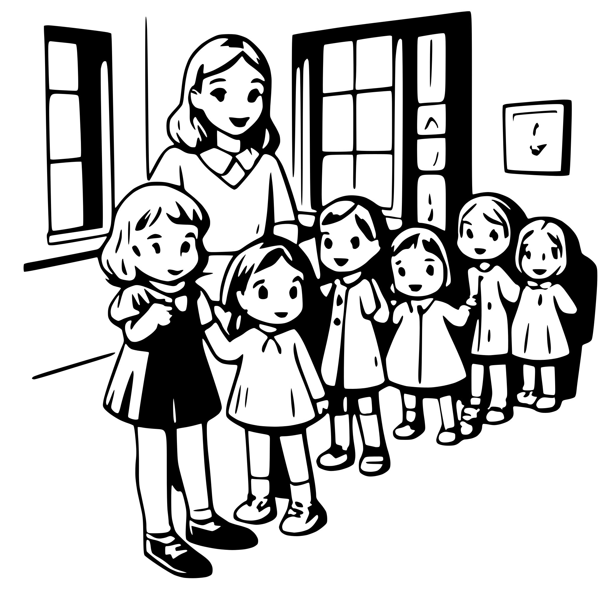 AI-generated SVG of a educator says goodbye to 8 children in the kindergarden
