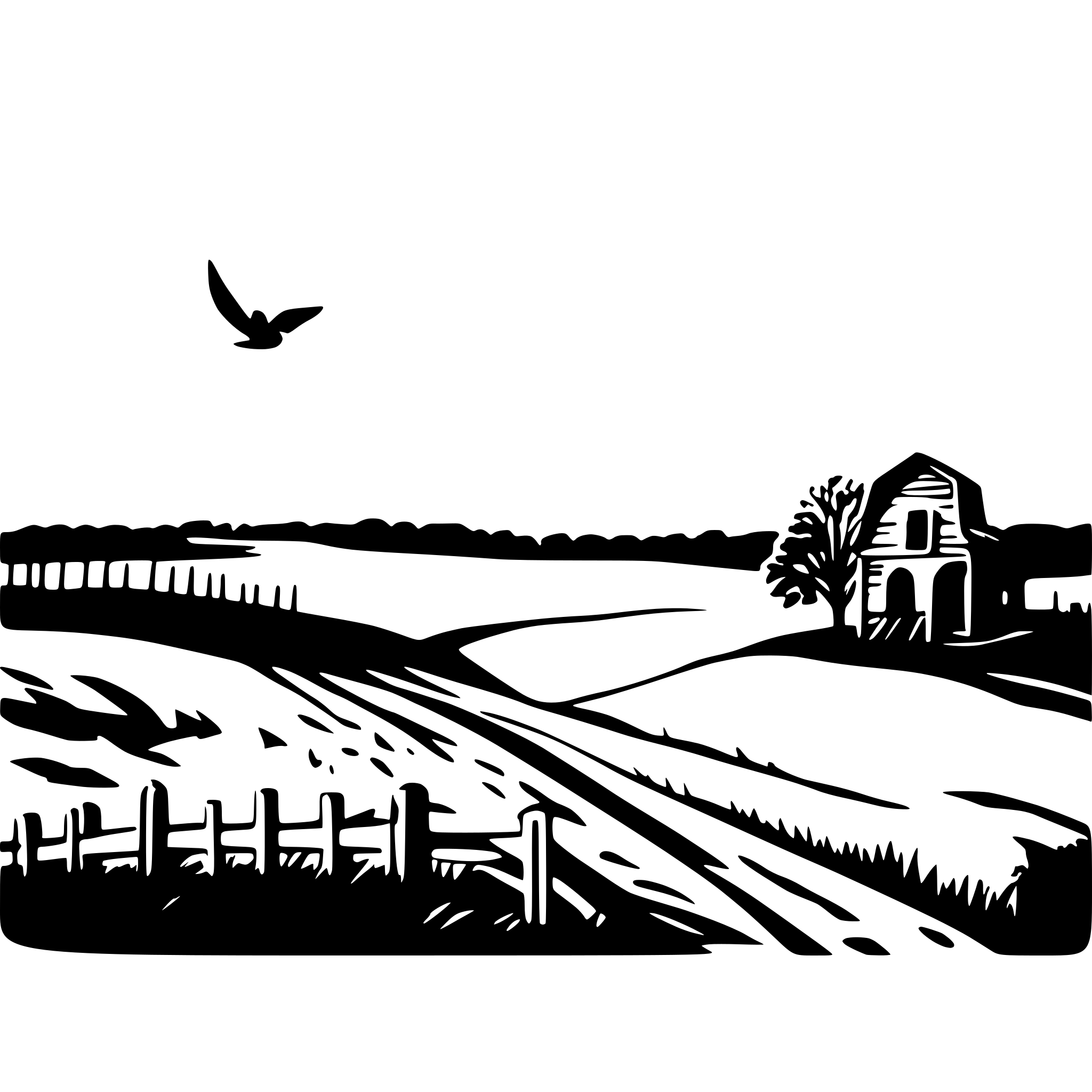 AI-generated SVG of a The image is a black and white illustration of a rural landscape. The sky is dark with stylized, wavy clouds and a crescent moon. A bird flies in the sky. The landscape features rolling hills, a plowed field with distinct rows, and several trees. A wooden fence with a gate is visible in the foreground. Tall grass is also present in the foreground. The overall style is graphic and stylized.