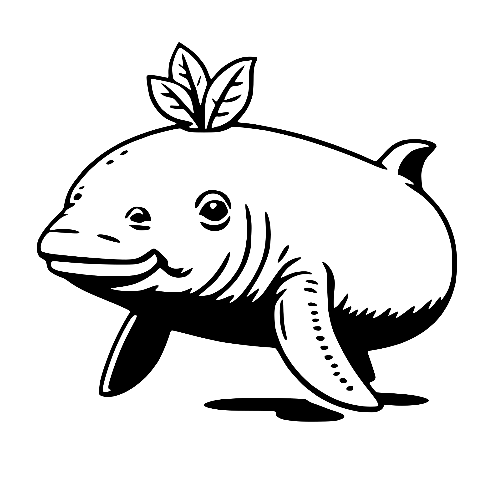 The SVG depicts a stylized, cartoon-like depiction of a whale. The whale has a large, rounded body with a dorsal fin on its back. It has two flippers on its sides and a tail fin at the back. The whale's face is simple, with two eyes and a small mouth. On top of its head, there is a small leaf, possibly indicating a connection to nature or a playful element to the design. The whale is shown in a side profile, giving a clear view of its body and features. The SVG is simple and does not contain any additional objects or interactions. 