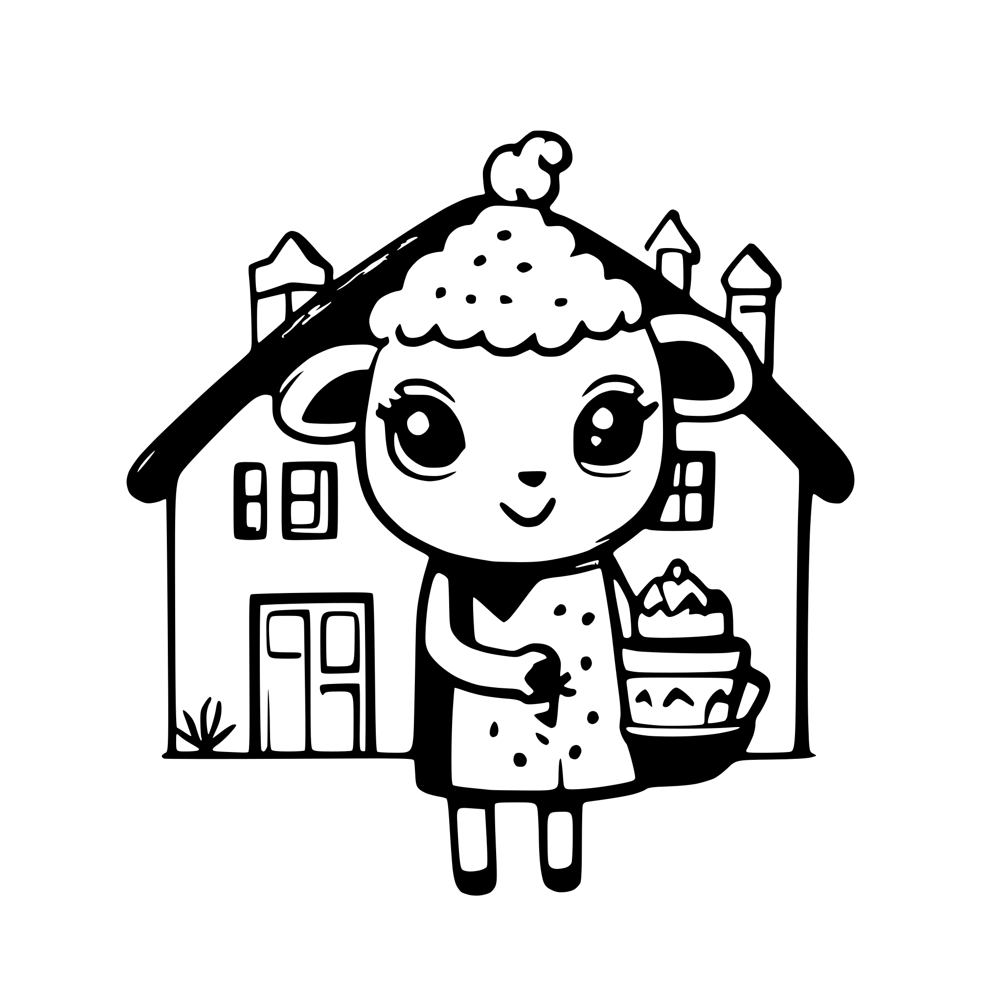 AI-generated SVG of a a cute sheep celebrating holding a birthday cake in front of a small house