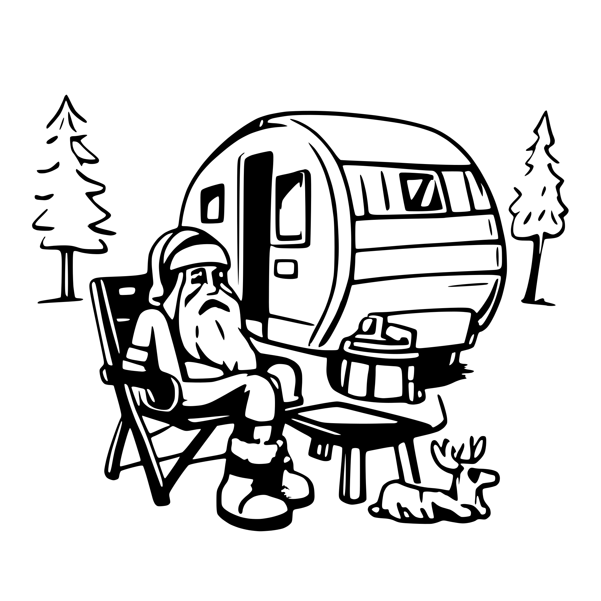 AI-generated SVG of a santa reclining in a camping chair next to a camper.  the camper is being pulled by reindeer.