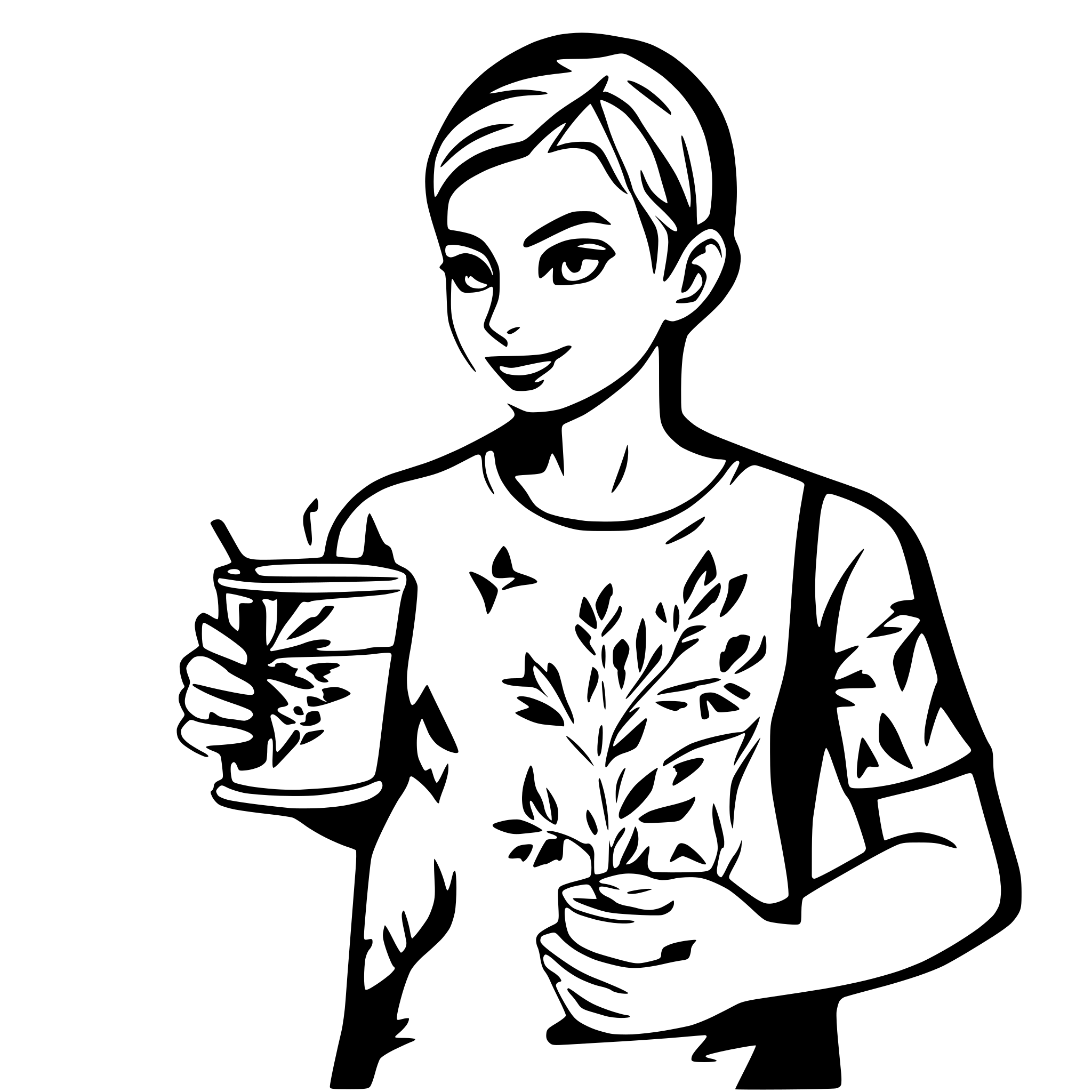AI-generated SVG of a a guy upper body wearing a t-shirt holding a cup in one hand looking at the camera,colored