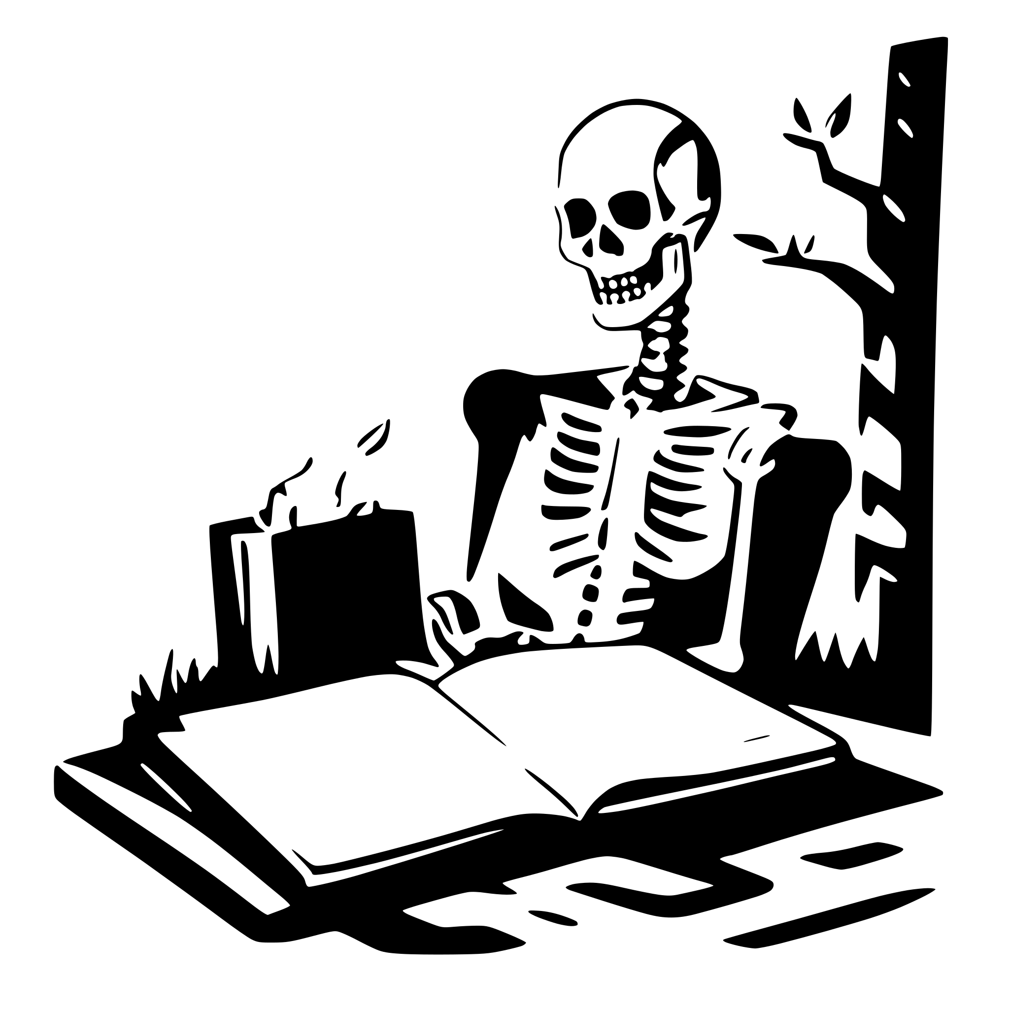 AI-generated SVG of a a skeleton on a cemetery reading a big book