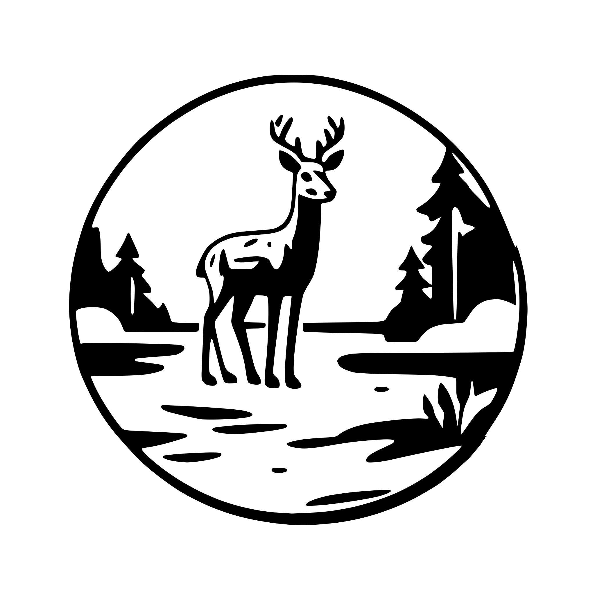 AI-generated SVG of a deer, lake, round border