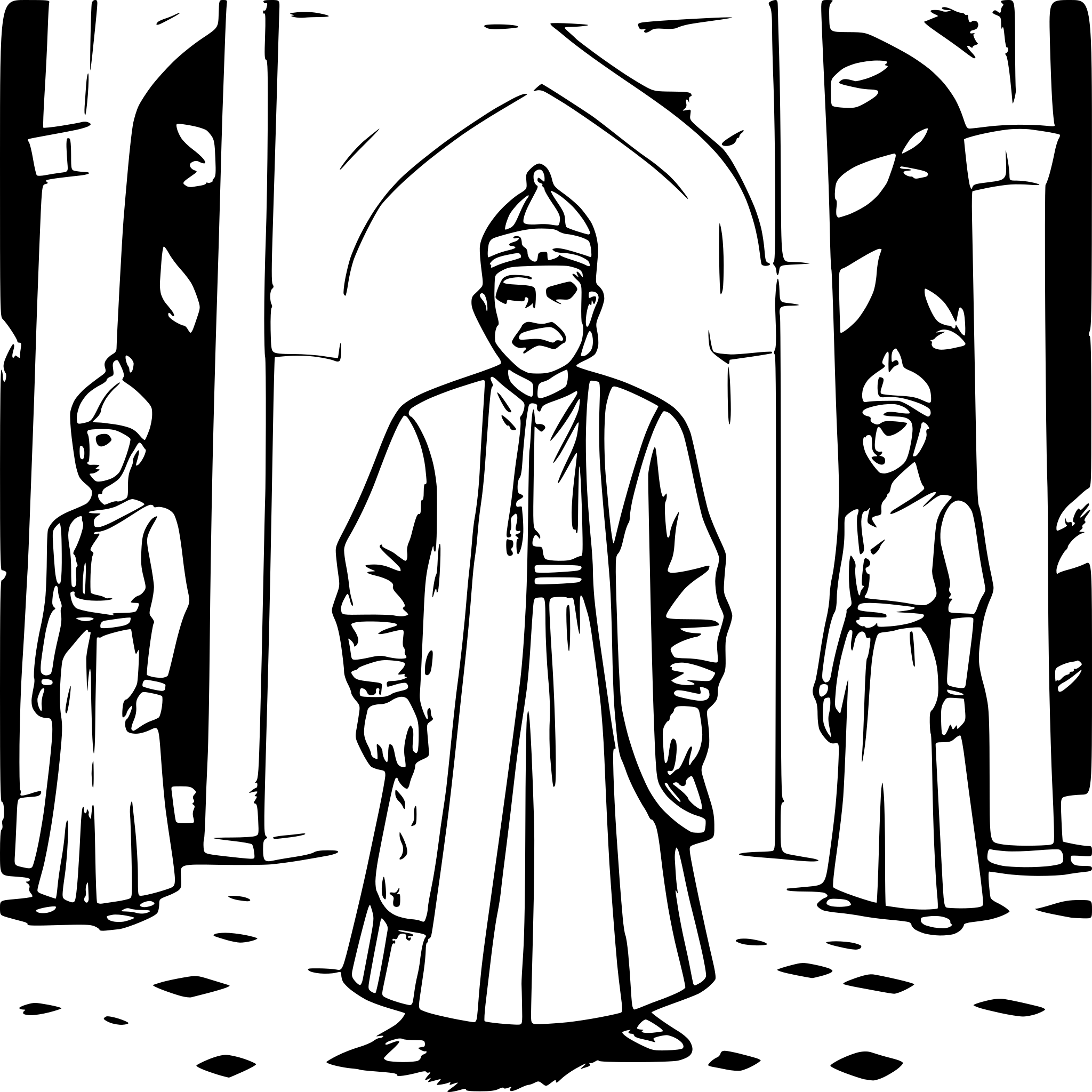 AI-generated SVG of a Maharaja Kudungga, the founder of the Kutai Kingdom, standing majestically in the palace, surrounded by guards and advisors.