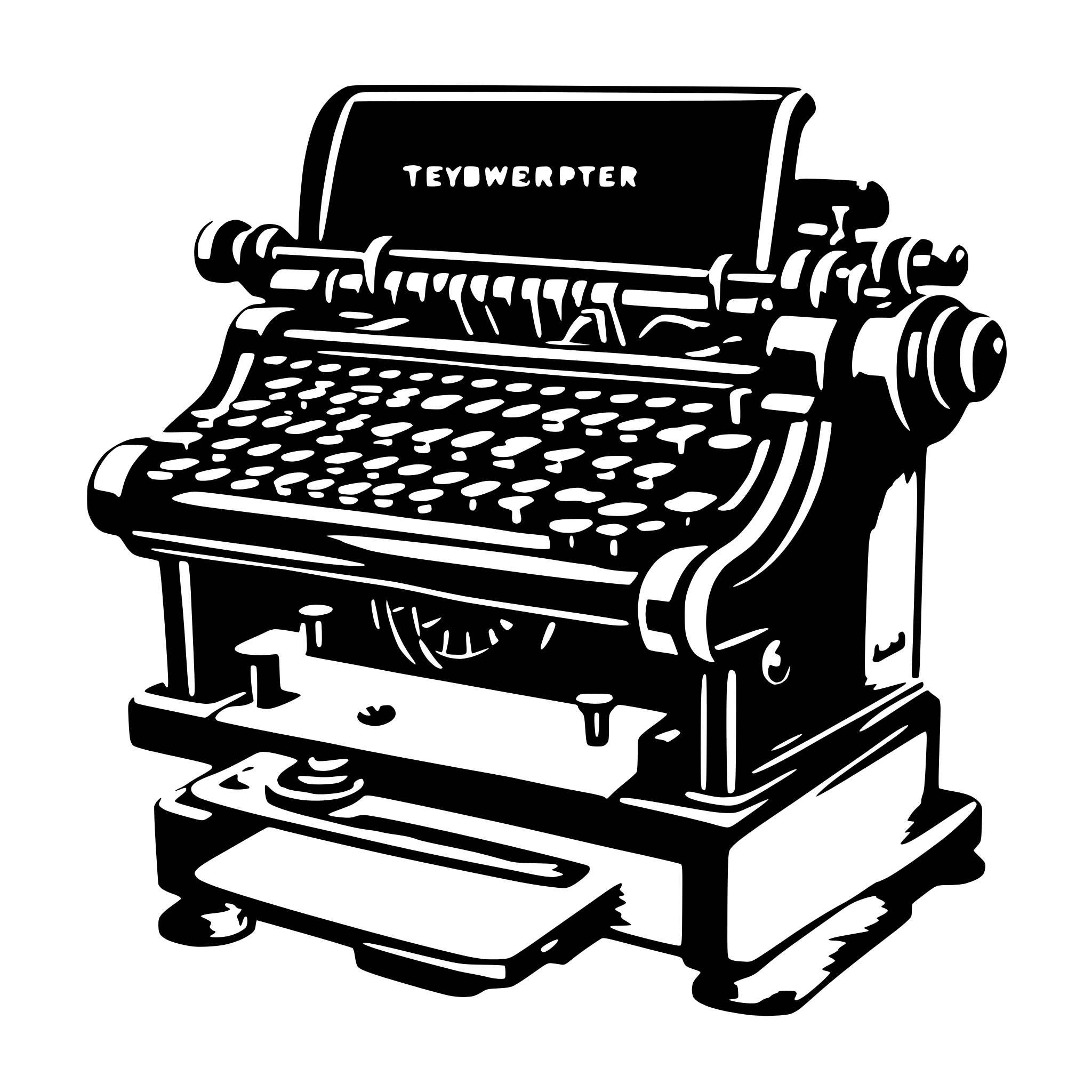 AI-generated SVG of a A detailed black and white SVG illustration of a vintage typewriter. The keys are clearly depicted, along with a paper sheet sticking out of the roller. The typewriter body has a worn, classic design with visible knobs and levers. AI-generated SVG of a A detailed black and white SVG illustration of a vintage typewriter. The keys are clearly depicted, along with a paper sheet sticking out of the roller. The typewriter body has a worn, classic design with visible knobs and levers.