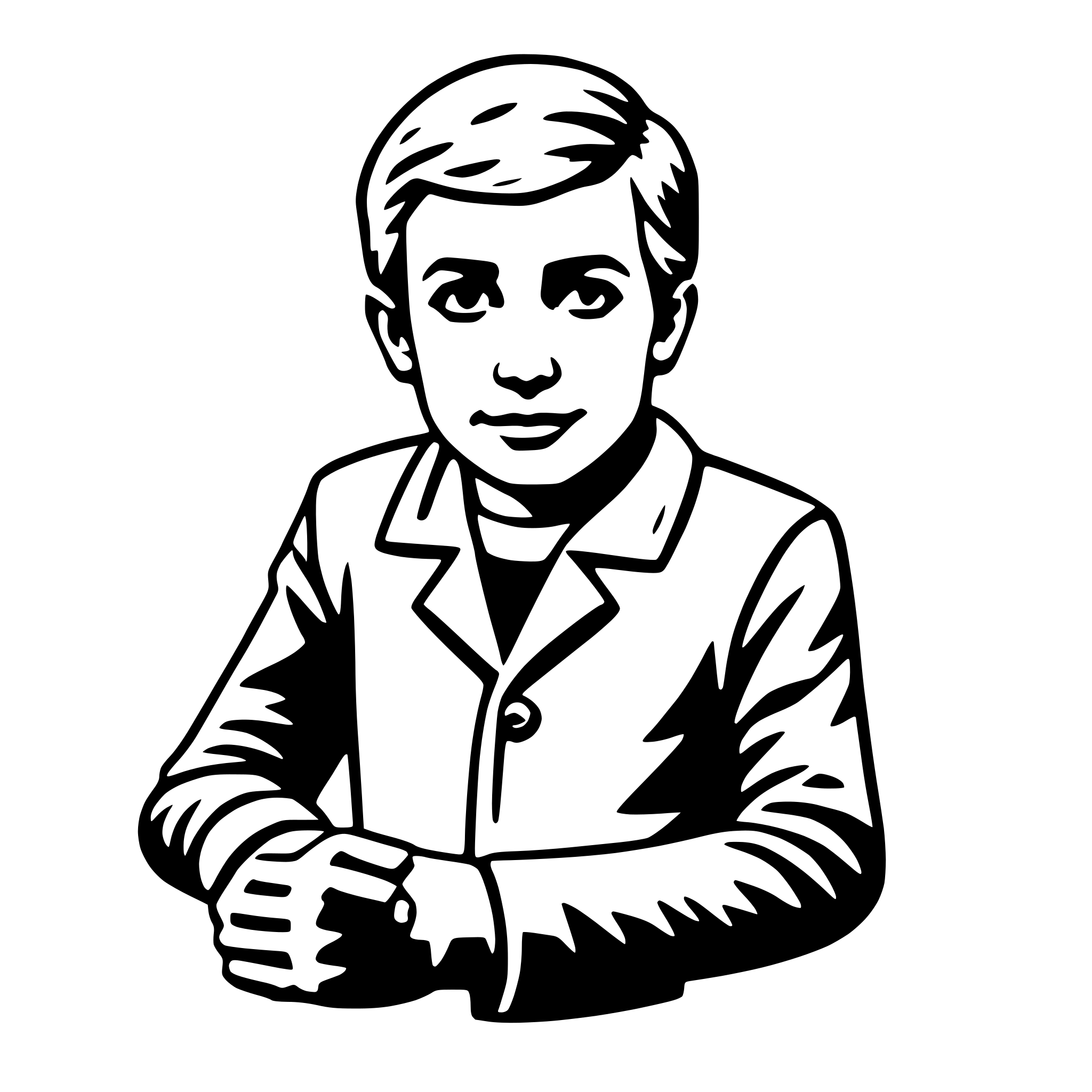 The SVG depicts a stylized, black and white line drawing of a person. The individual is shown with short hair, a neutral expression, and is wearing a jacket with a collar. The person's arms are crossed, and they are seated with their hands resting on their lap. The style is simplistic and cartoon-like, with minimal detail and shading. 