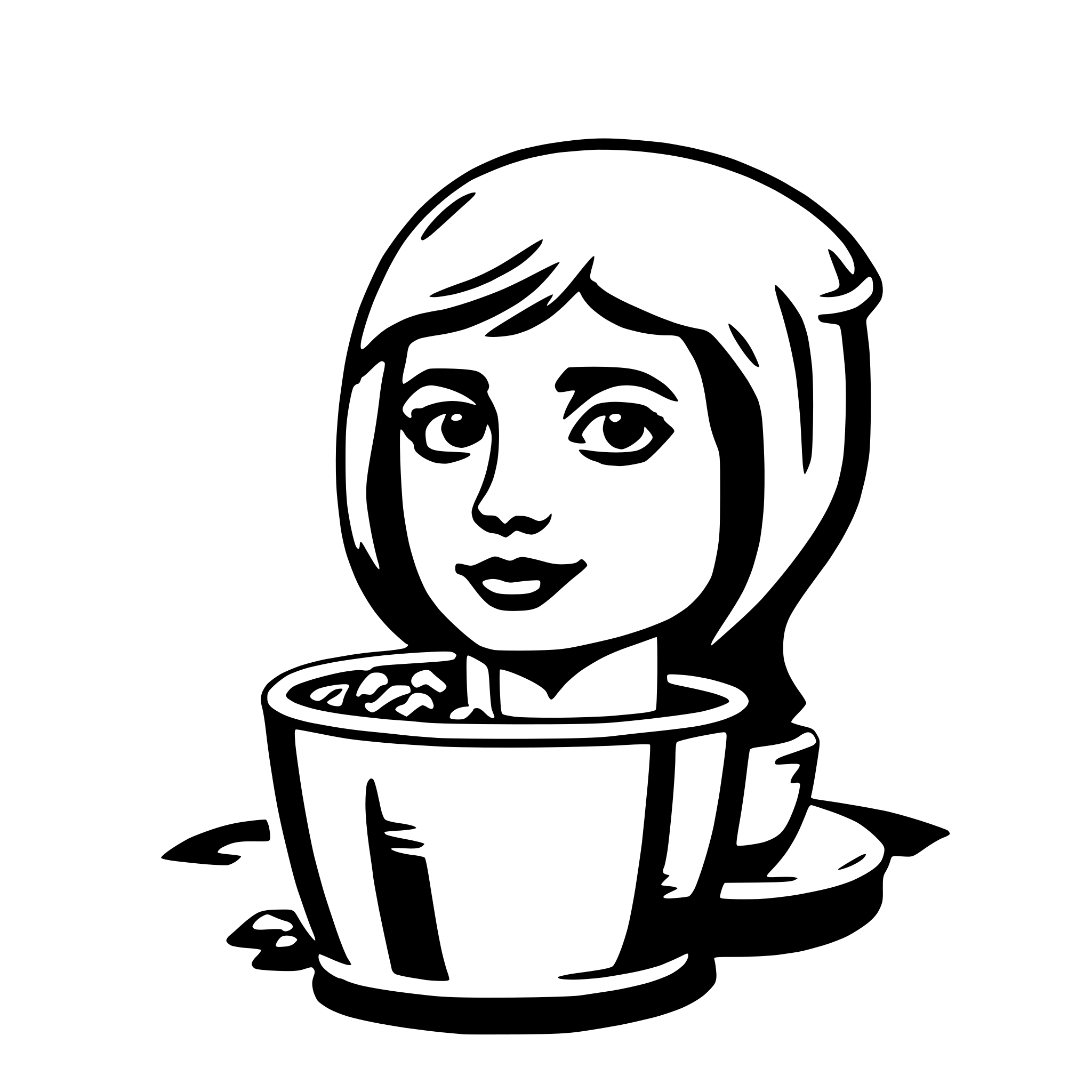 The SVG depicts a stylized illustration of a woman's head and shoulders, with her hair styled in a bob cut. She is shown with a neutral expression, and her eyes are looking directly at the viewer. The woman is wearing a dark top, and her hair is a lighter shade, possibly blonde. She is also wearing a necklace with a pendant. The illustration is designed in a cartoon-like style, with bold outlines and minimal shading. The woman appears to be sitting in a bowl, which is placed on a surface that could be a table or a counter. The bowl is large enough to encompass her head and shoulders, and it has a simple, rounded shape. The SVG does not contain any text or additional objects. The interaction between the objects is straightforward, with the woman's head and shoulders being the central focus, and the bowl serving as a container or seat for her. 