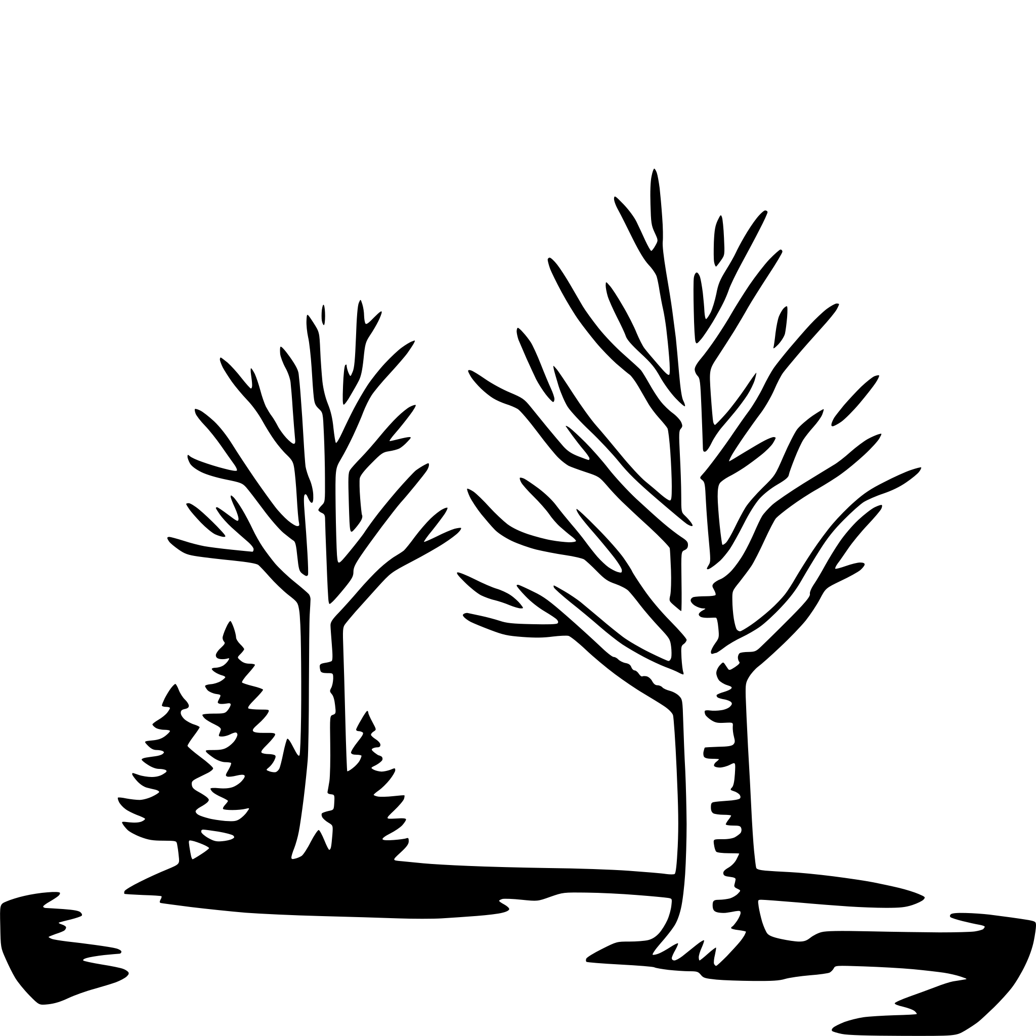 The SVG depicts two bare trees with a few branches extending outward, set against a white background. The trees are positioned side by side, with the trunks of the trees appearing to be in the foreground, while the branches extend into the background. The trees are silhouetted, with no internal details, and the overall style is minimalistic and graphic. There is no interaction between the trees, as they are static objects in the SVG. 