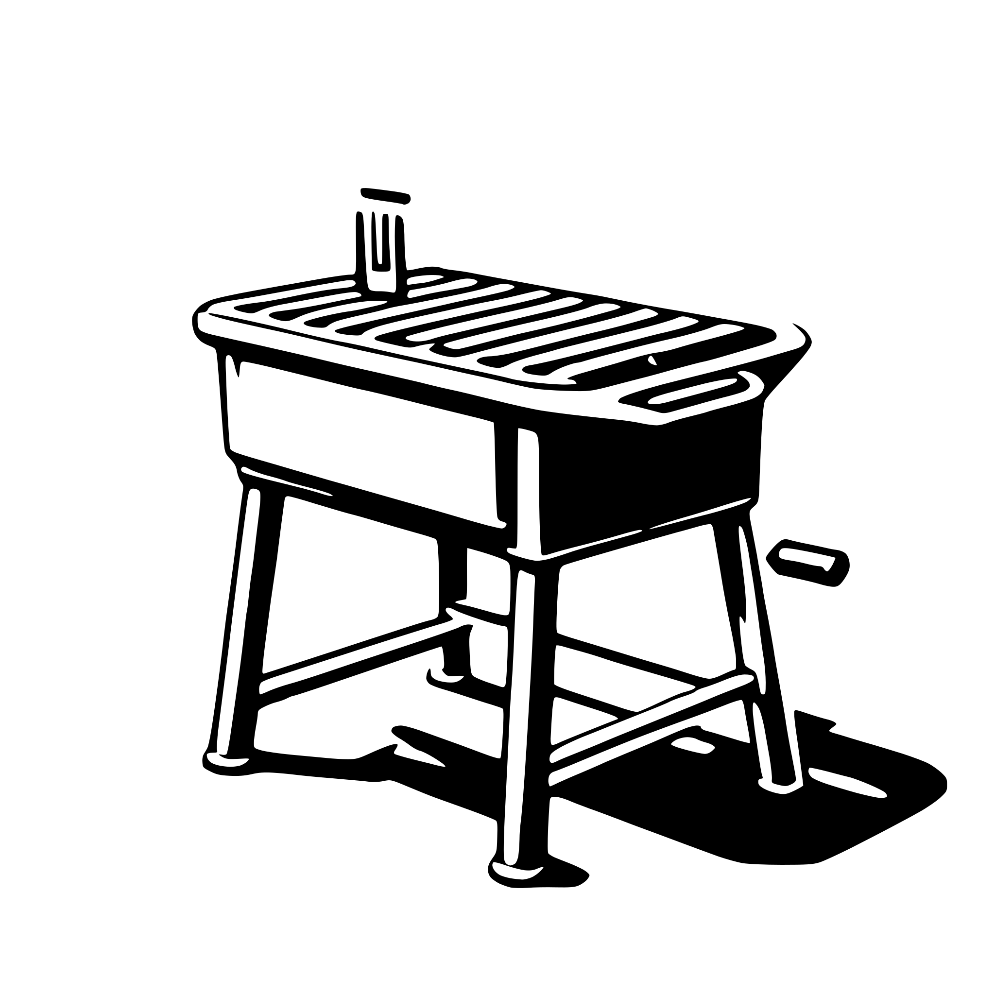 The SVG depicts a simple, stylized barbecue grill. The grill has a rectangular shape with a flat top and a handle on one side. There is a single vertical bar that appears to be a support or a part of the grill's structure. The grill is placed on a stand with four legs, which are also rectangular in shape. The shadow of the grill is cast on the ground, indicating a light source from the upper left side of the SVG. The overall style is minimalistic and lacks detail, focusing on the basic shapes and outlines of the objects. 
