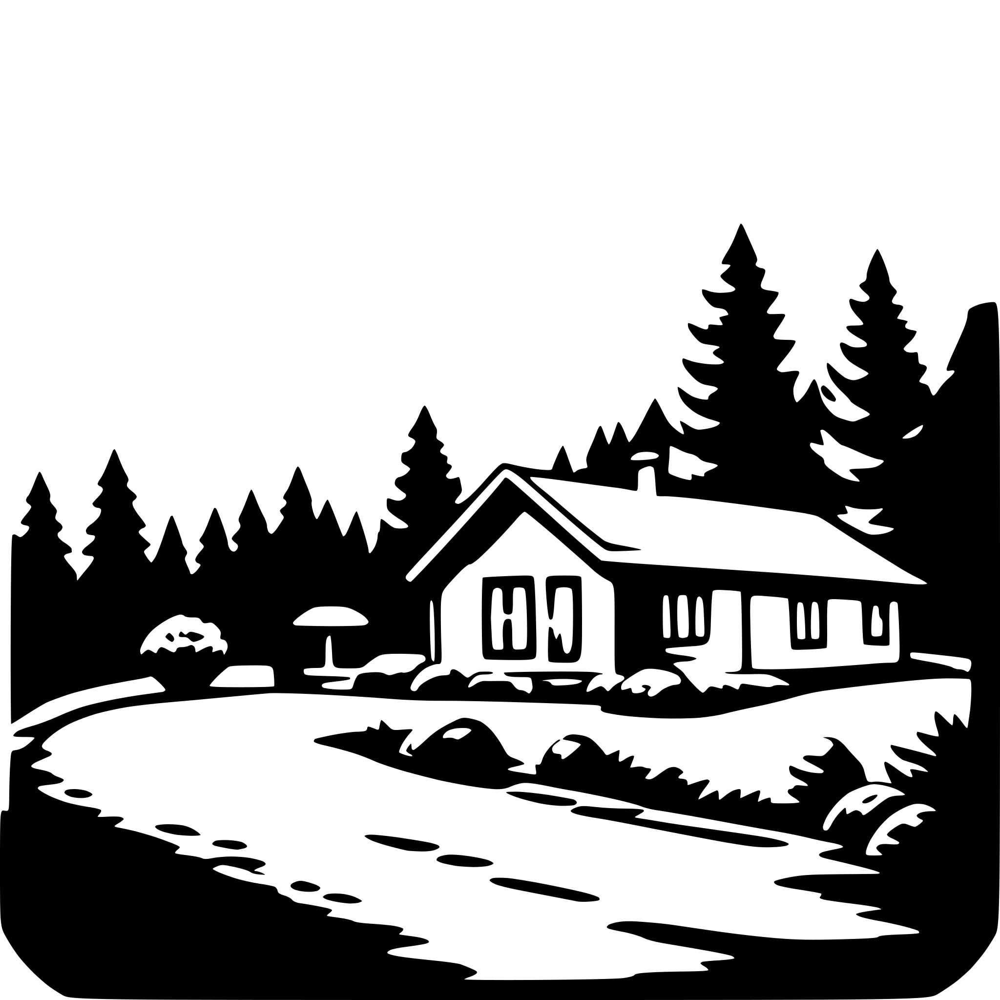 The SVG depicts a stylized, black and white illustration of a rural scene. The main objects include a house with a chimney, a driveway leading up to the house, and a line of trees on either side of the driveway. The house appears to be a single-story structure with a pitched roof, and there is a small garden area in front of it with a few plants. The trees are depicted with simple, silhouette-like shapes, and the driveway is shown with a slight curve, suggesting a gentle slope. The overall style is simplistic and graphic, with no shading or textures, relying on the contrast between the black lines and the white background to define the shapes and forms. 